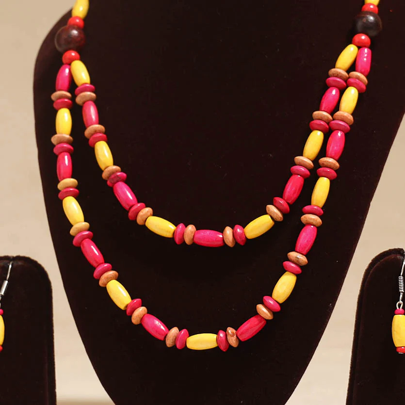Multicolor - Handmade Wooden Beads Double Layered Necklace Set 19 - Image 2