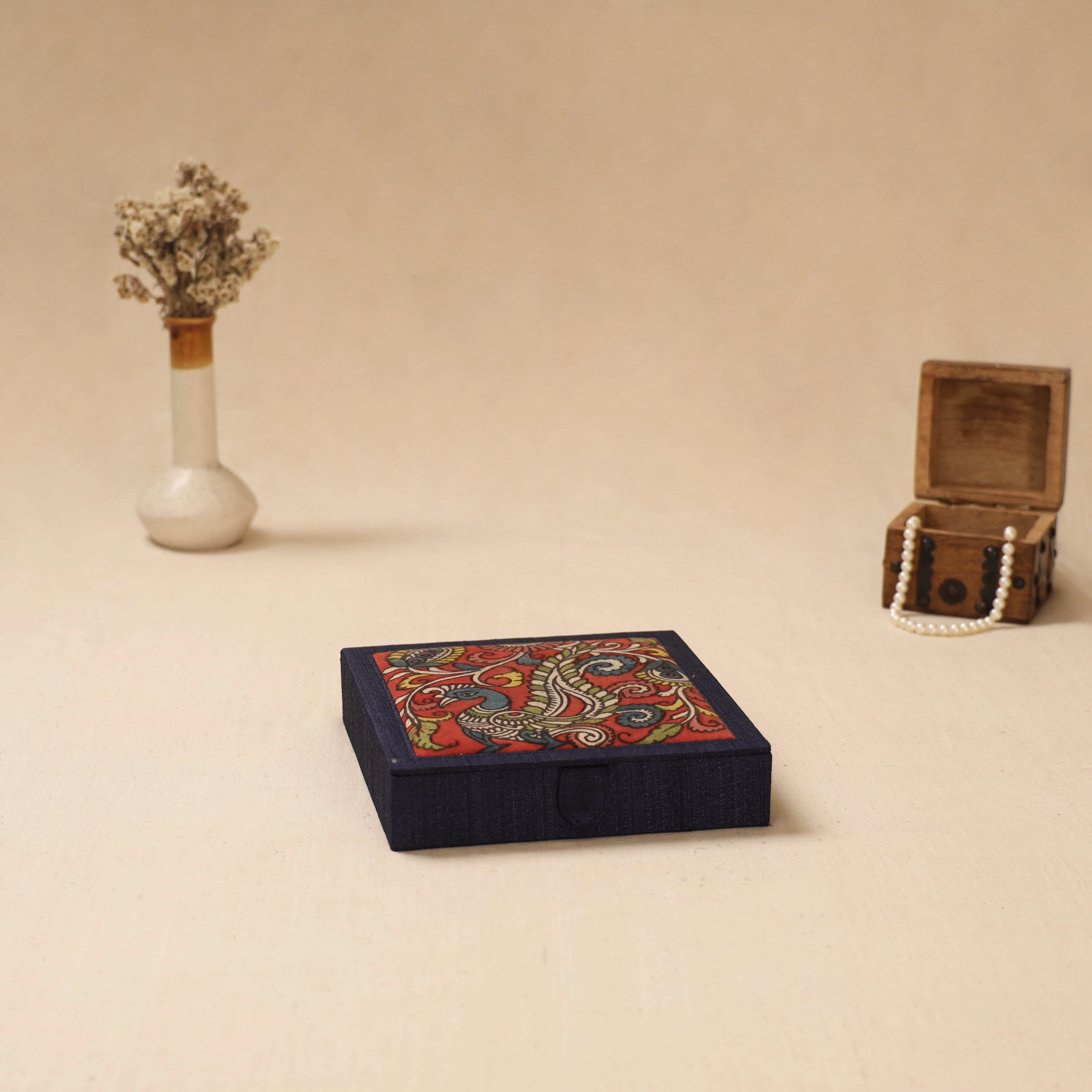 Blue - Handpainted Kalamkari Natural Dyed Ghicha Silk Jewellery Box 05