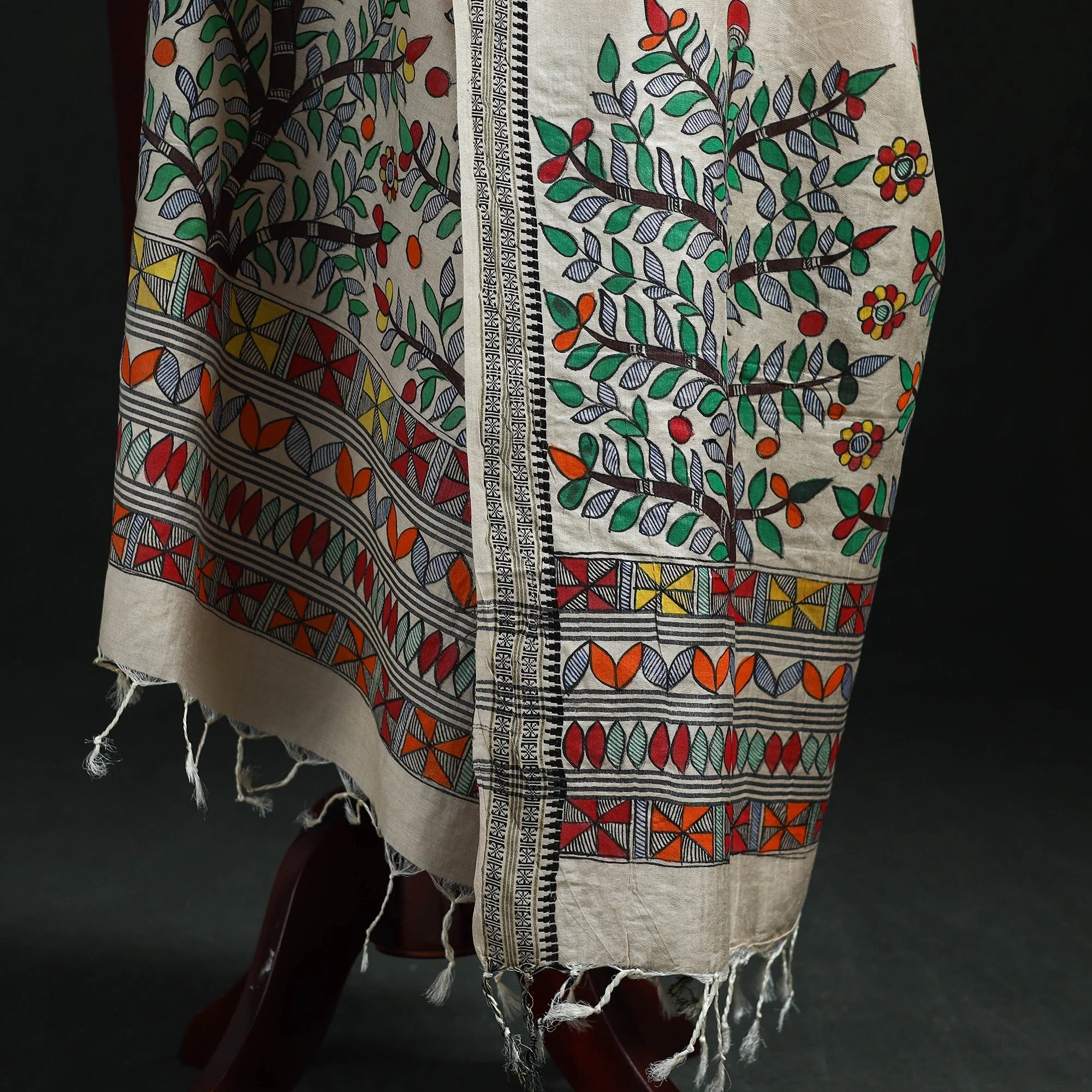 Beige - Handpainted Madhubani Handloom Tussar Cotton Dupatta 03 - Image 4