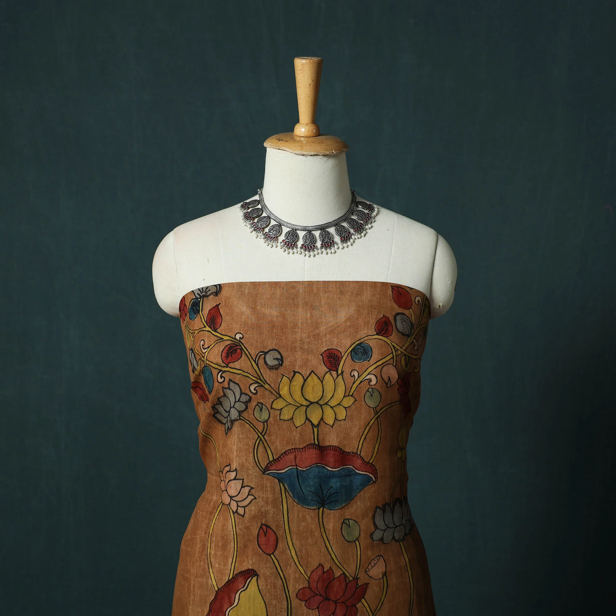Brown - Handpainted Srikalahasti Pen Work Kalamkari Natural Dyed Bangalore Silk 2pc Unstitched Dress Material Kurta Set 32 - Image 2