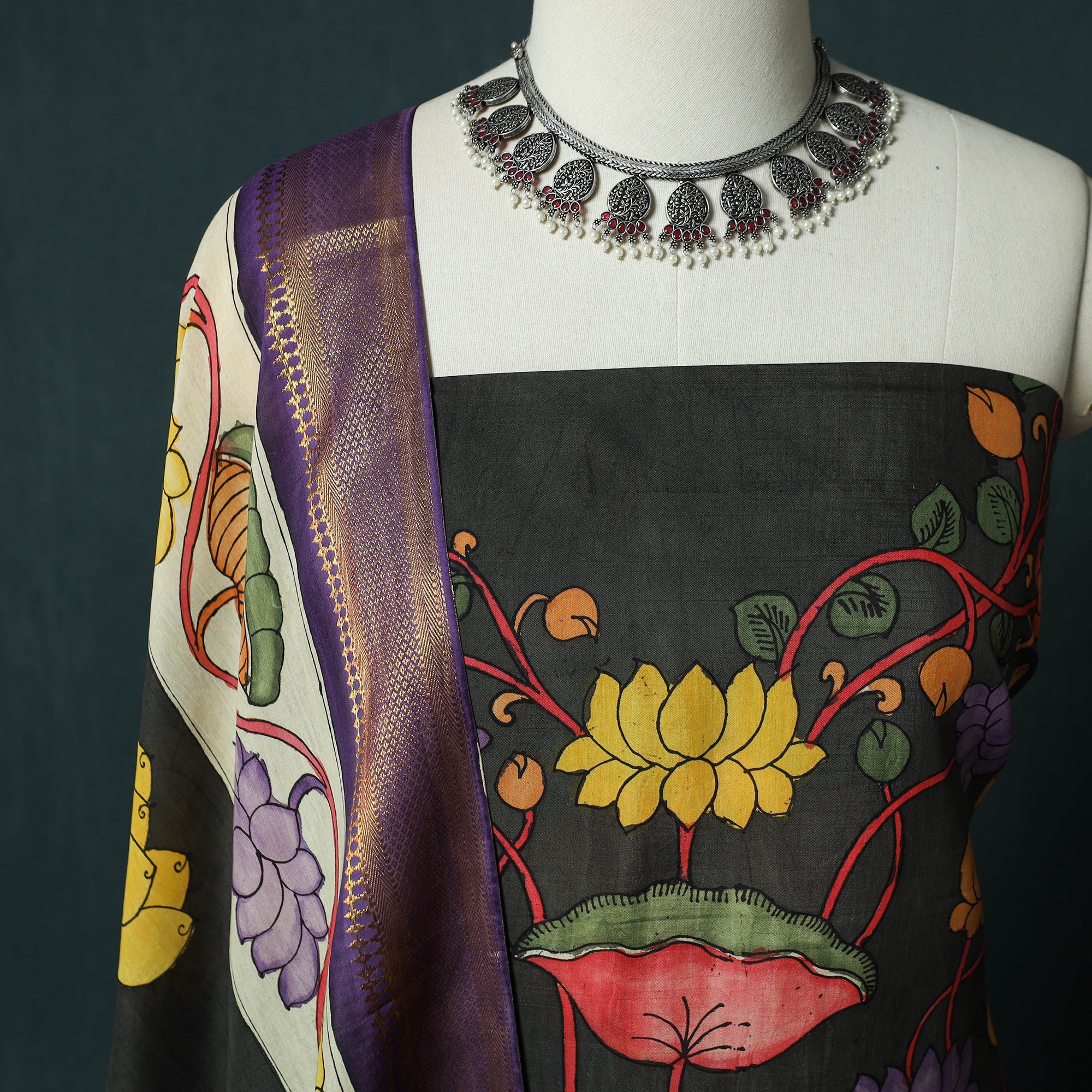 Black - Handpainted Srikalahasti Pen Work Kalamkari Natural Dyed Bangalore Silk 2pc Unstitched Dress Material Kurta Set 33 - Image 3