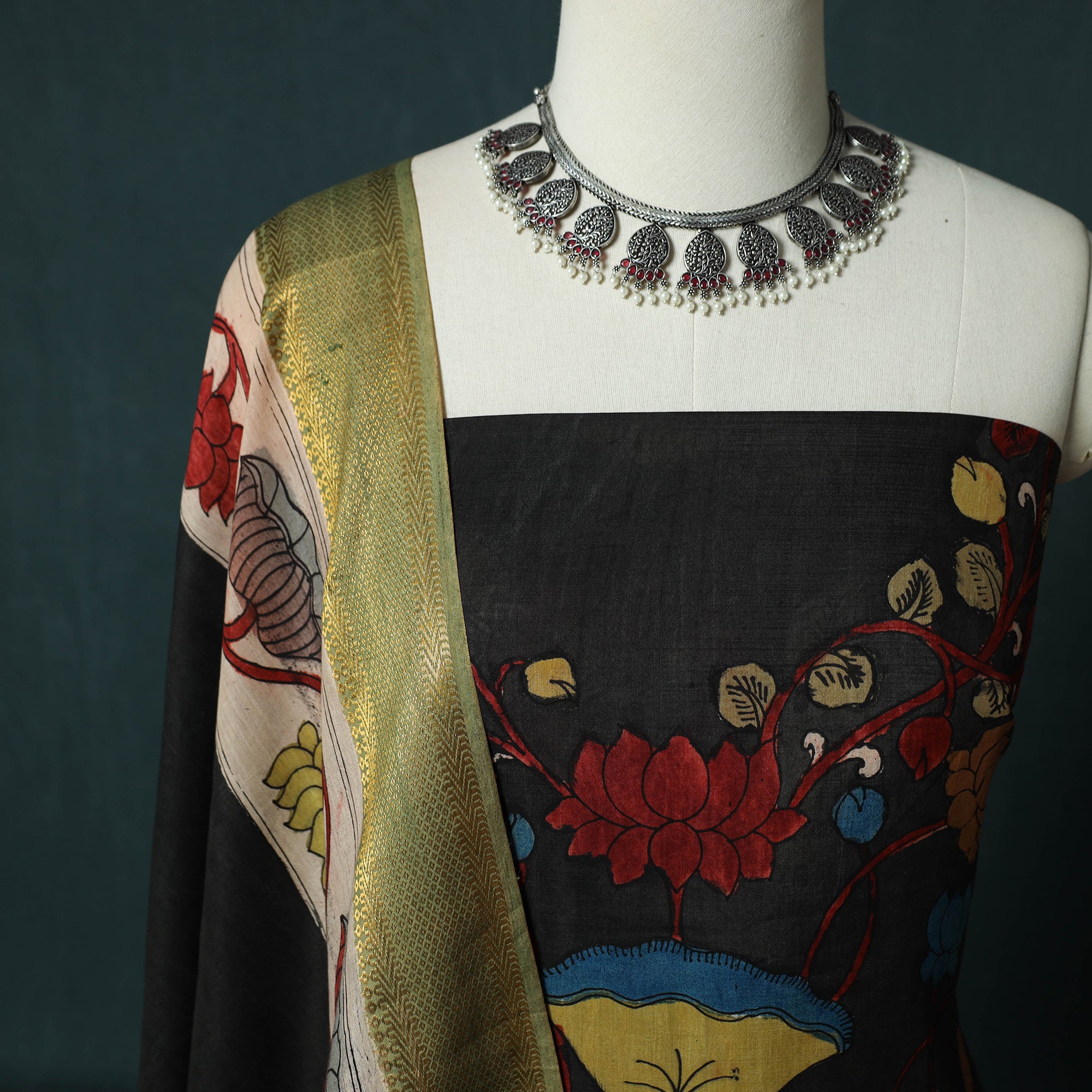Black - Handpainted Srikalahasti Pen Work Kalamkari Natural Dyed Bangalore Silk 2pc Unstitched Dress Material Kurta Set 34 - Image 3