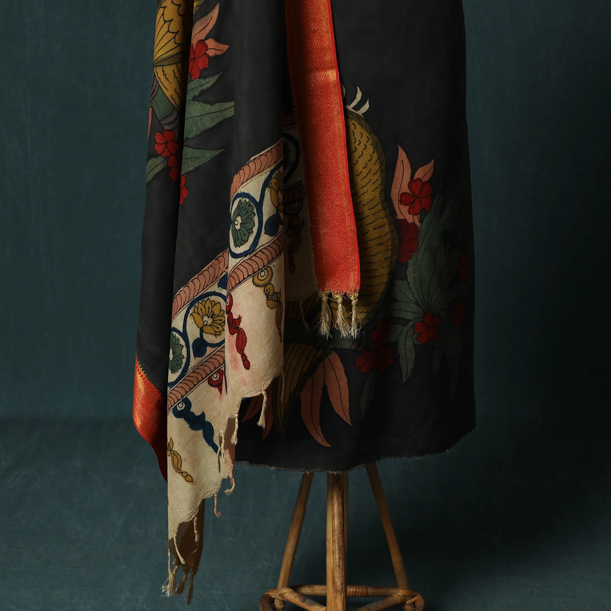 Black - Handpainted Srikalahasti Pen Work Kalamkari Natural Dyed Bangalore Silk 2pc Unstitched Dress Material Kurta Set 35 - Image 4