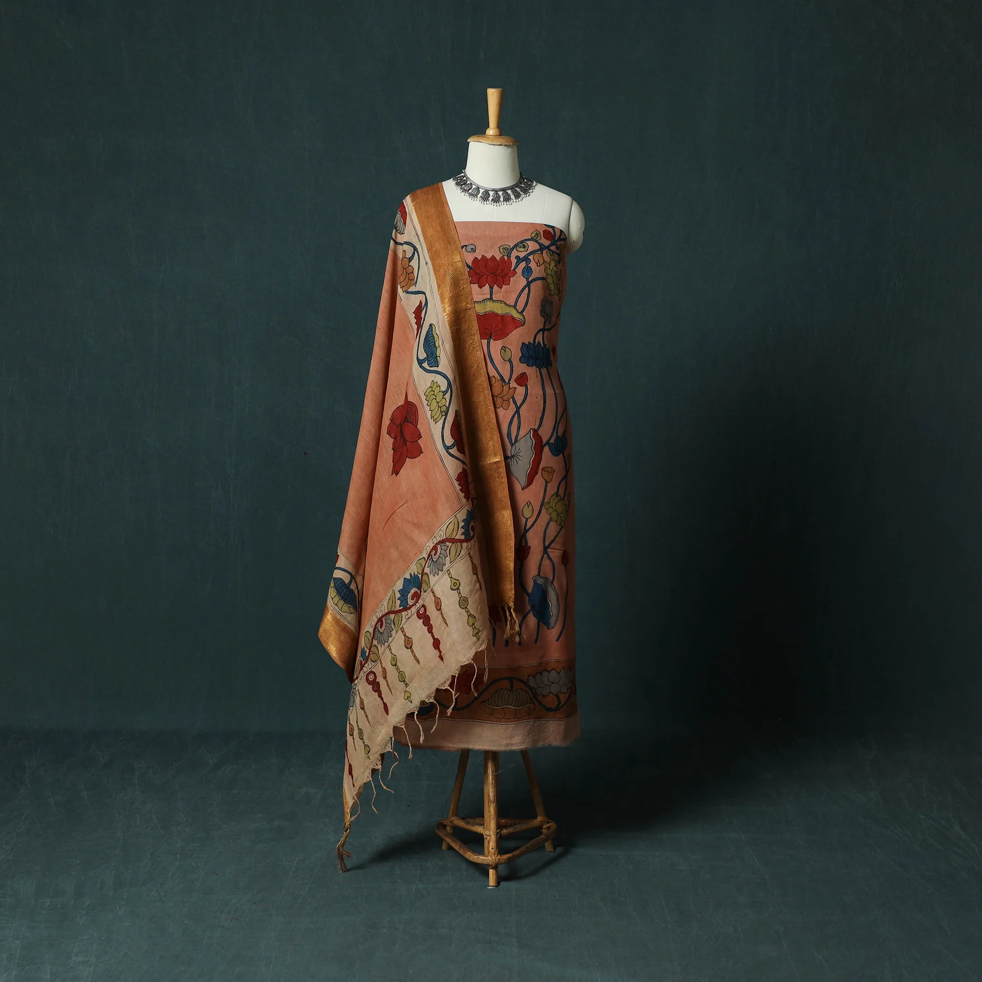 Brown - Handpainted Srikalahasti Pen Work Kalamkari Natural Dyed Bangalore Silk 2pc Unstitched Dress Material Kurta Set 37