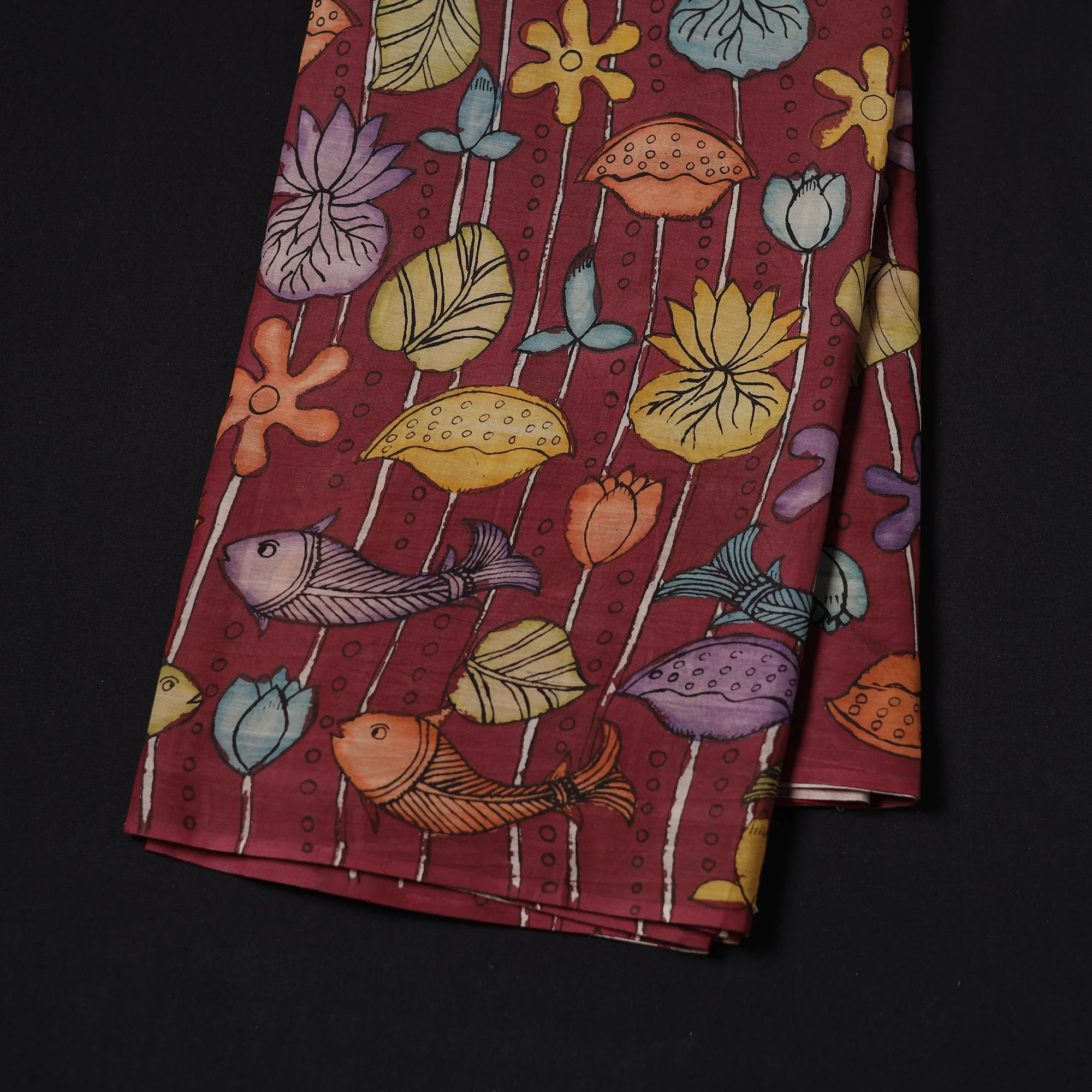 Maroon - Handpainted Srikalahasti Silk Cotton Pen Kalamkari Fabric 05