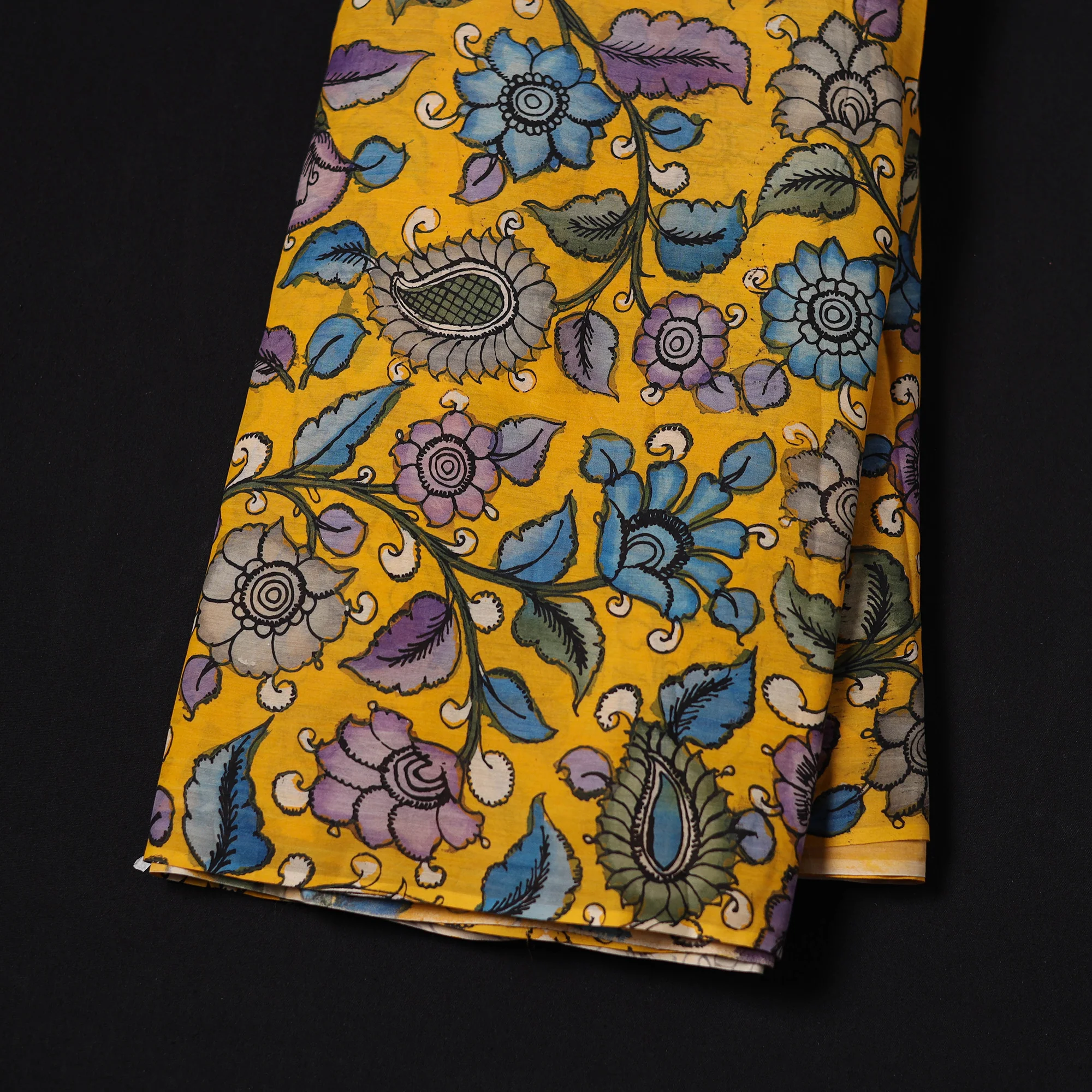 Yellow - Handpainted Srikalahasti Silk Cotton Pen Kalamkari Fabric 07