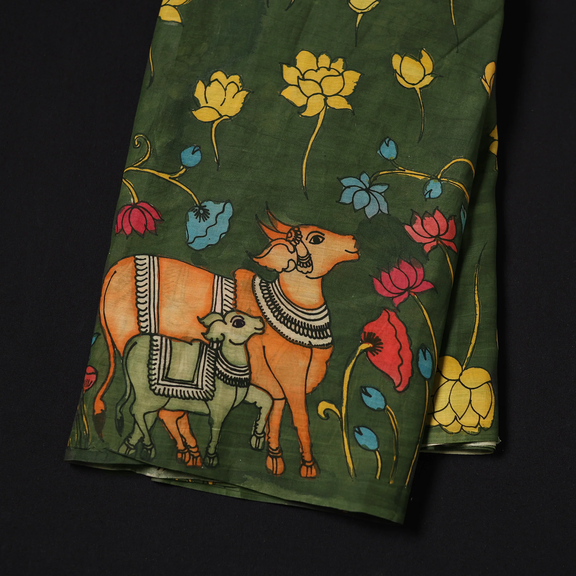 Green - Handpainted Srikalahasti Silk Cotton Pen Kalamkari Fabric 08