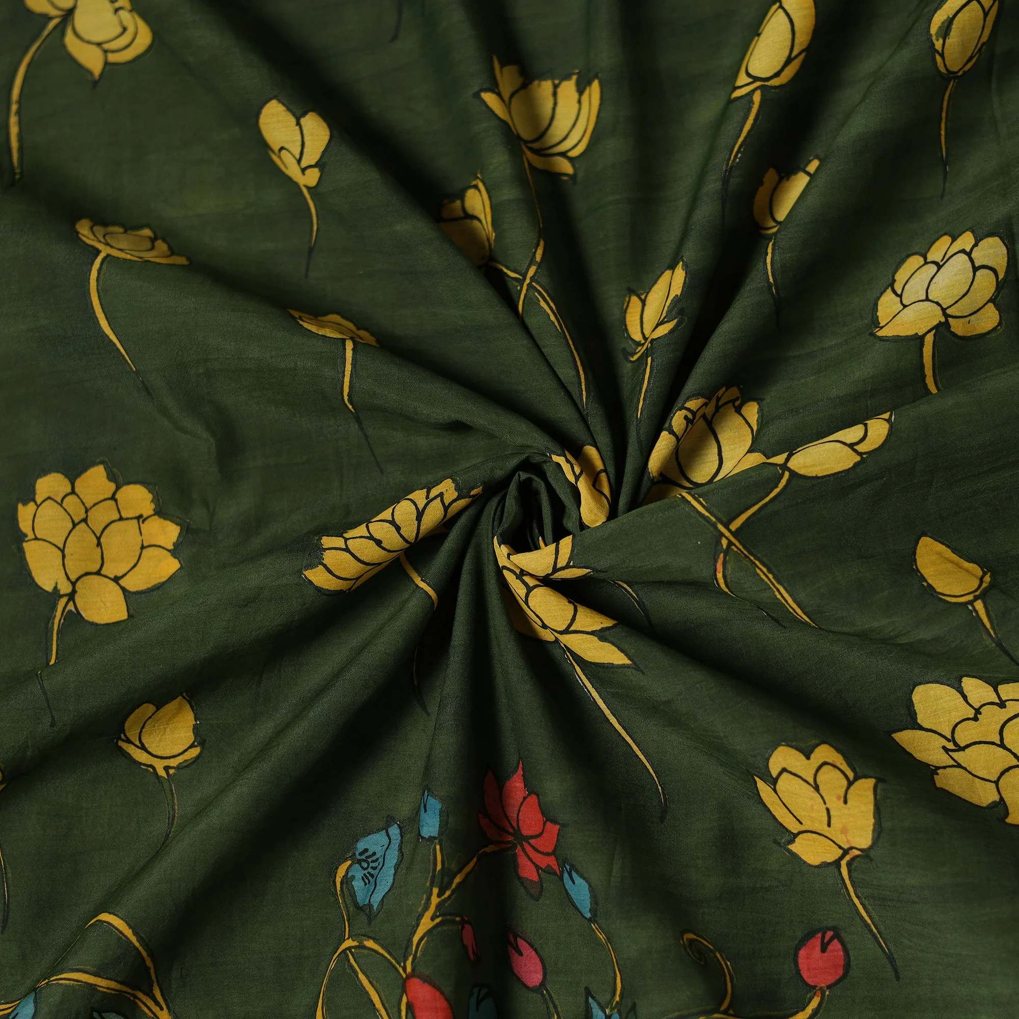 Green - Handpainted Srikalahasti Silk Cotton Pen Kalamkari Fabric 08 - Image 2