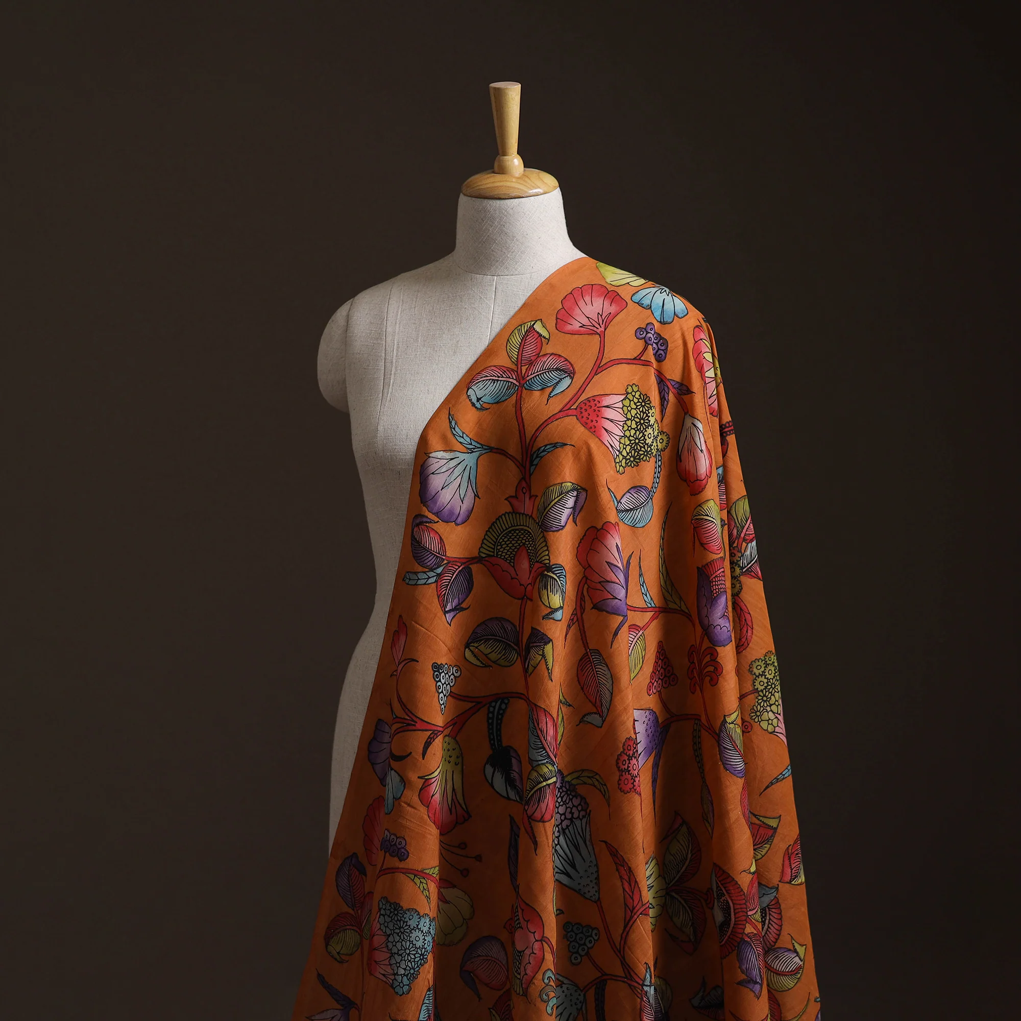 Orange - Handpainted Srikalahasti Silk Cotton Pen Kalamkari Fabric 15 - Image 3