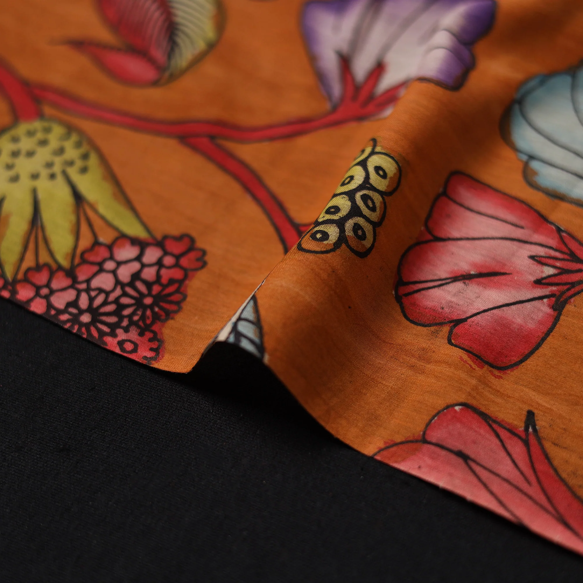 Orange - Handpainted Srikalahasti Silk Cotton Pen Kalamkari Fabric 15 - Image 4