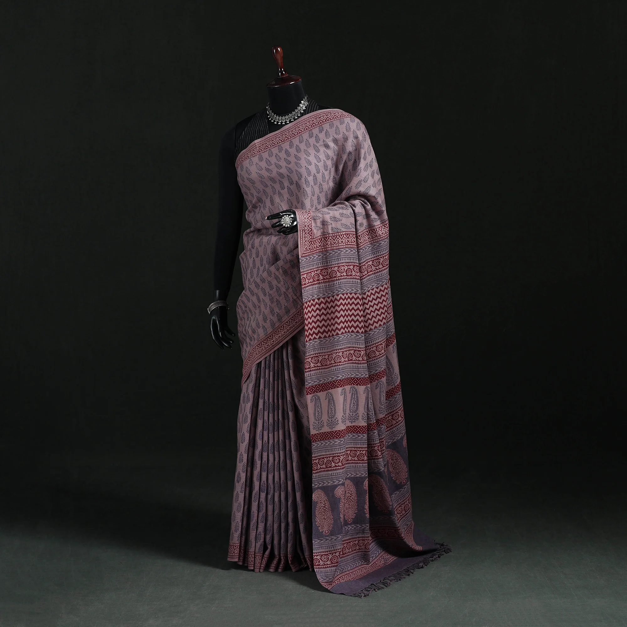 Handwoven Merino Wool Natural Dyed Hand Block Bagh Print Saree 01