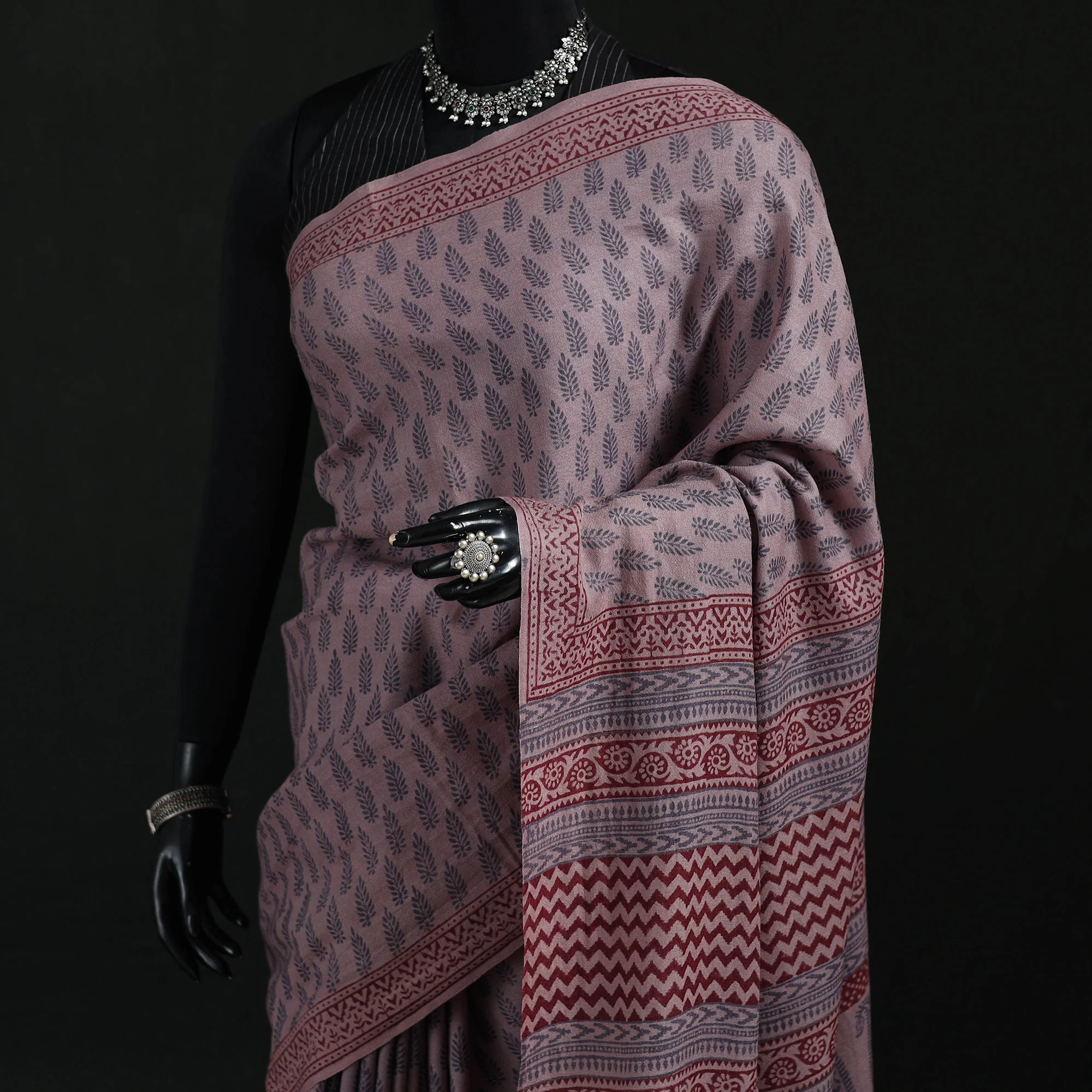 Handwoven Merino Wool Natural Dyed Hand Block Bagh Print Saree 01 - Image 2