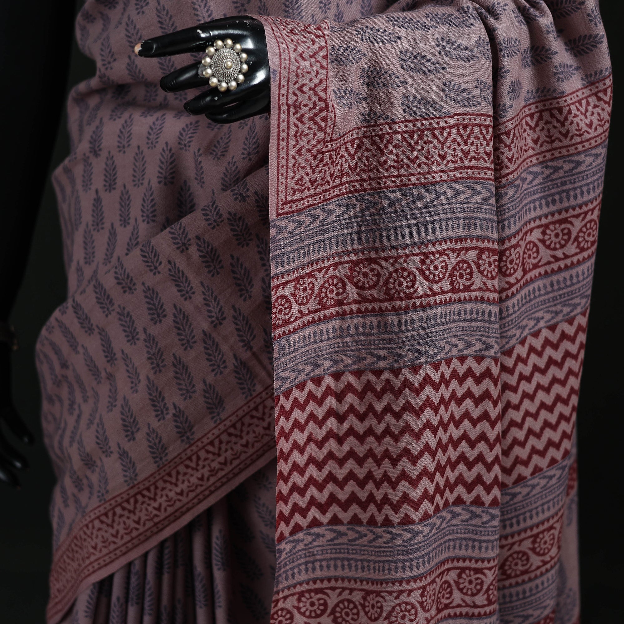 Handwoven Merino Wool Natural Dyed Hand Block Bagh Print Saree 01 - Image 3
