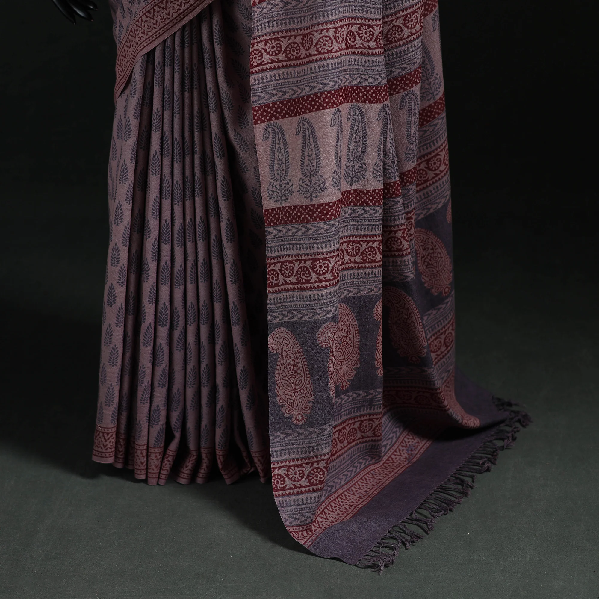 Handwoven Merino Wool Natural Dyed Hand Block Bagh Print Saree 01 - Image 4