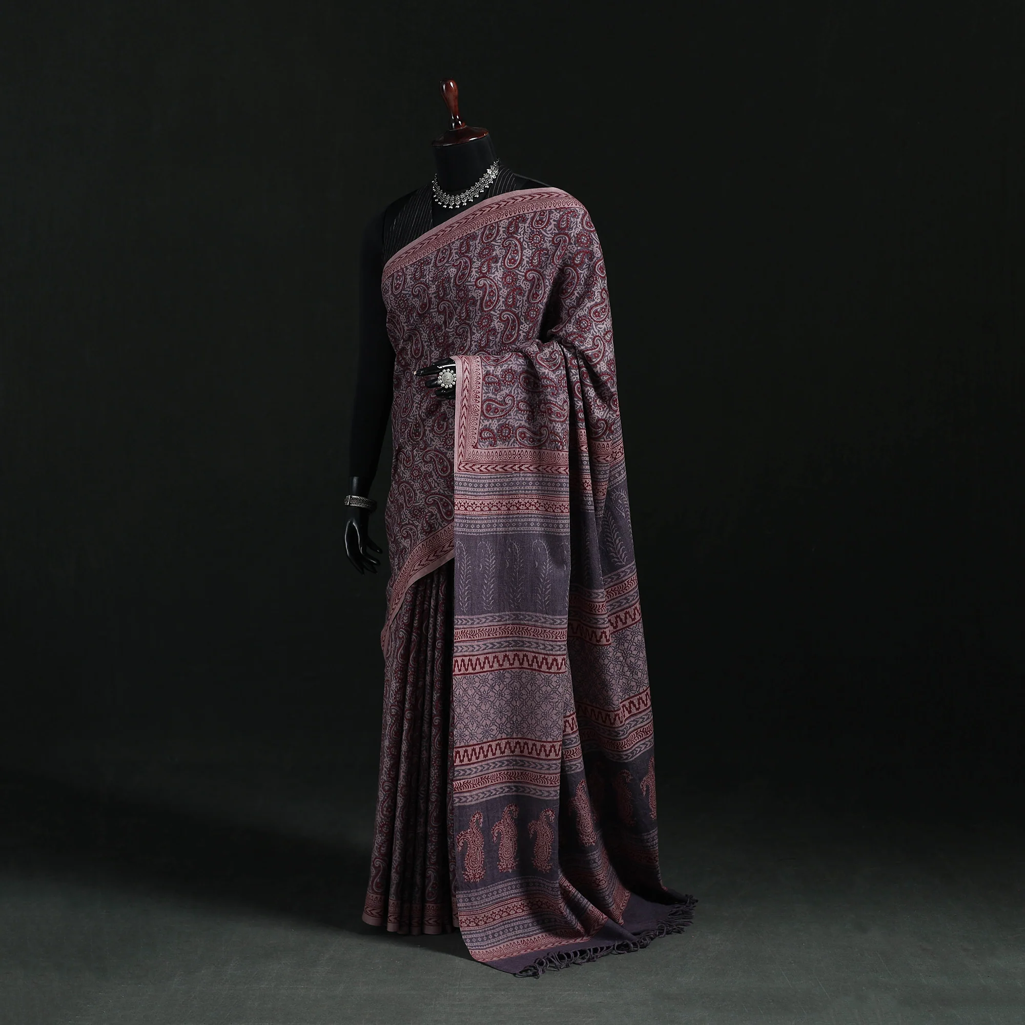 Handwoven Merino Wool Natural Dyed Hand Block Bagh Print Saree 05