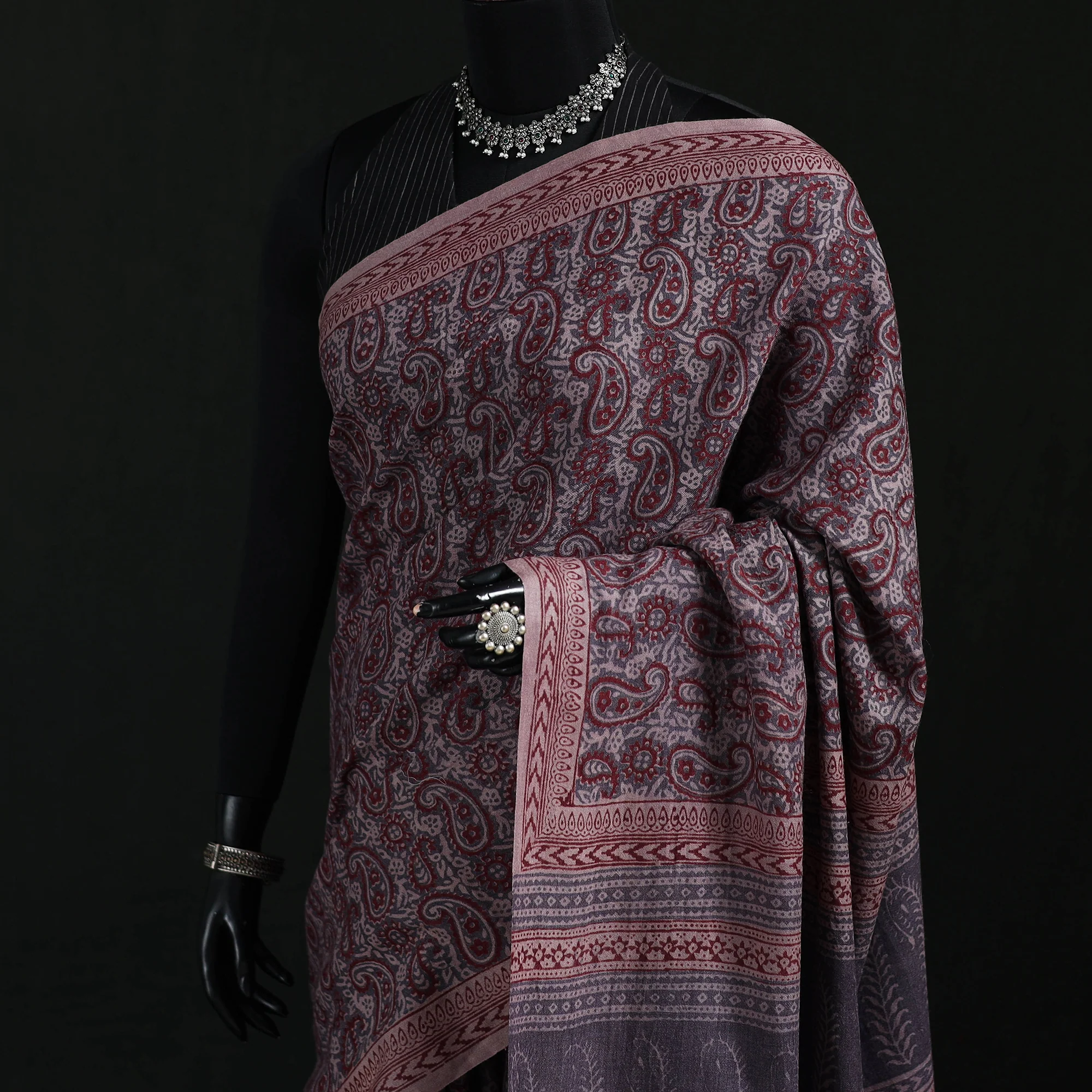 Handwoven Merino Wool Natural Dyed Hand Block Bagh Print Saree 05 - Image 2