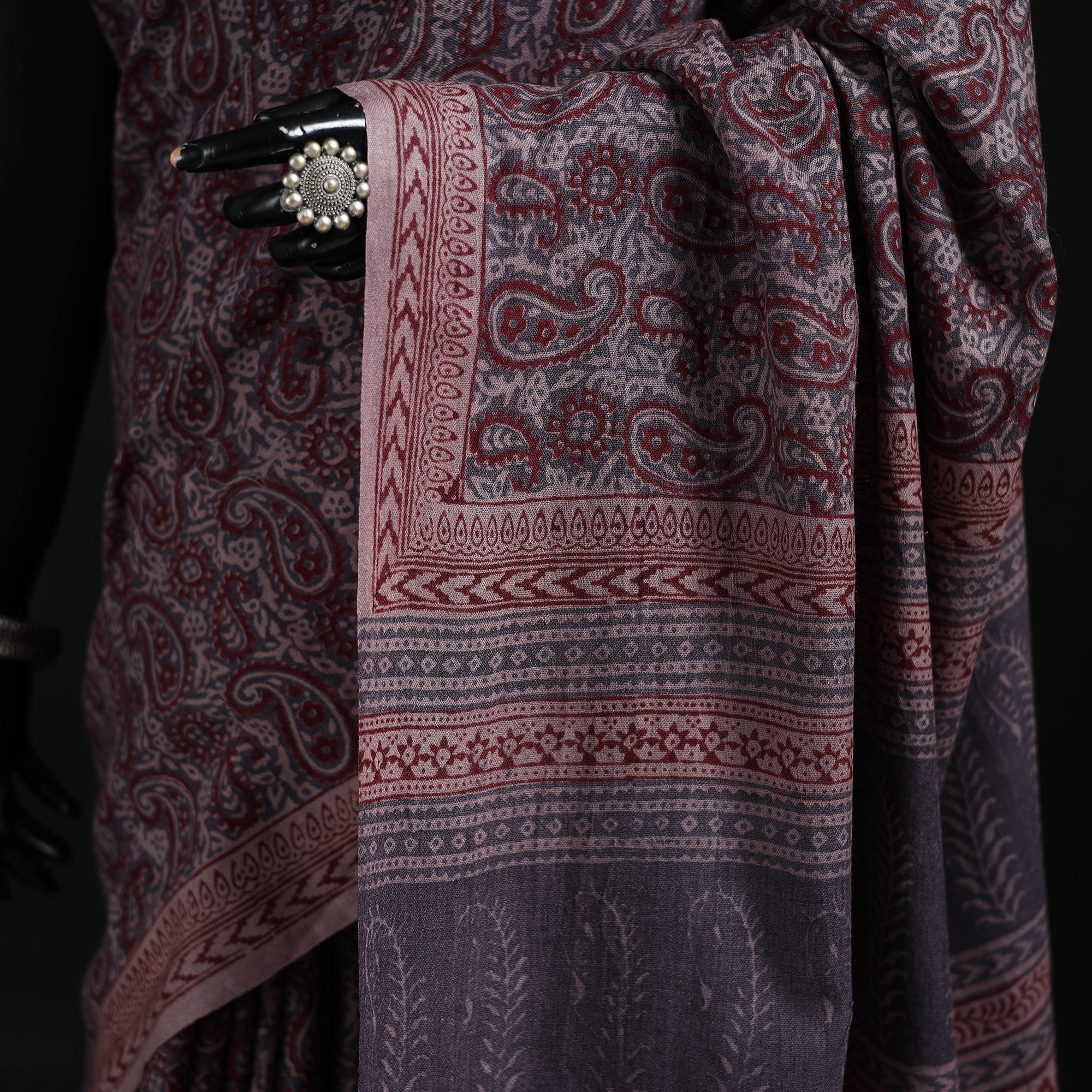 Handwoven Merino Wool Natural Dyed Hand Block Bagh Print Saree 05 - Image 3