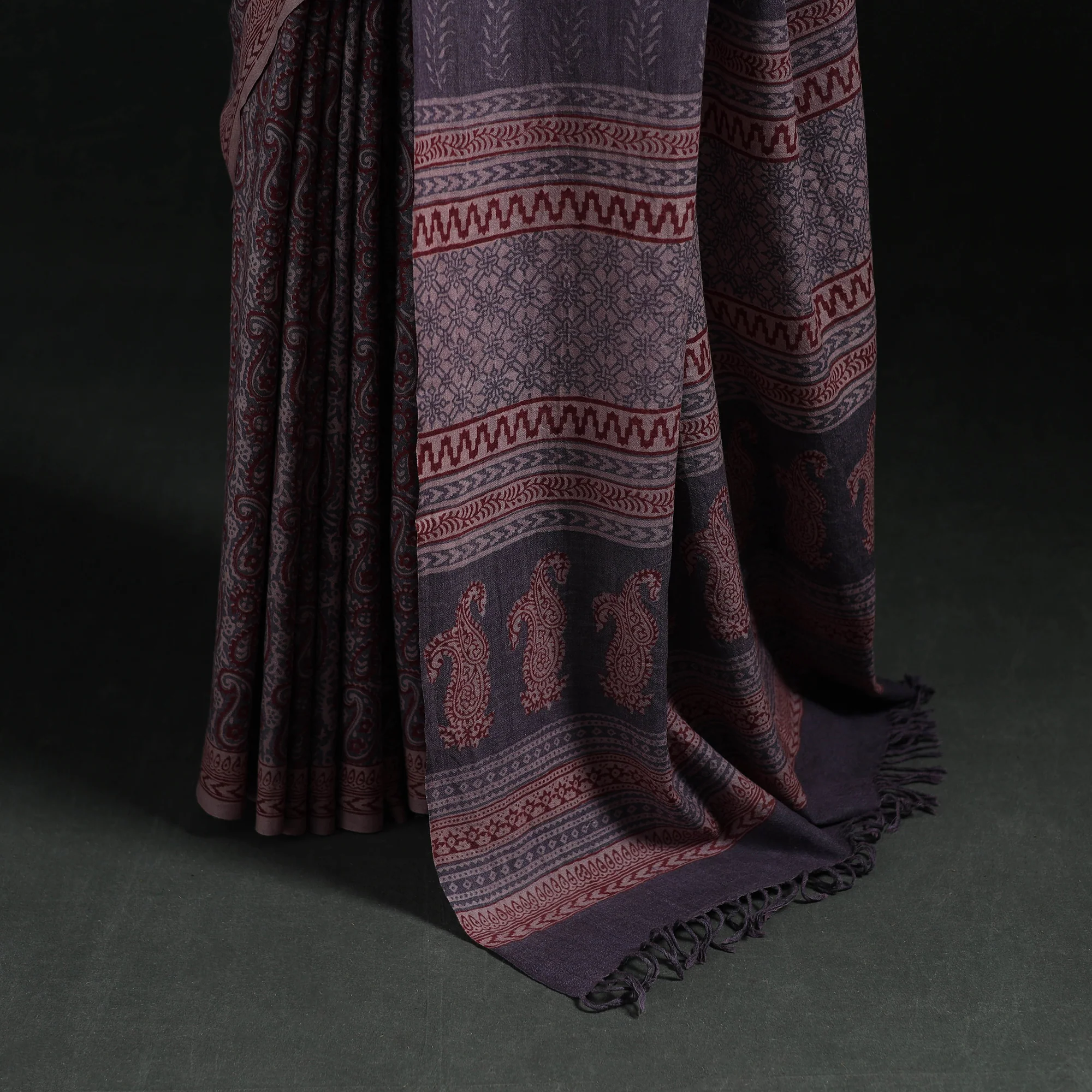 Handwoven Merino Wool Natural Dyed Hand Block Bagh Print Saree 05 - Image 4