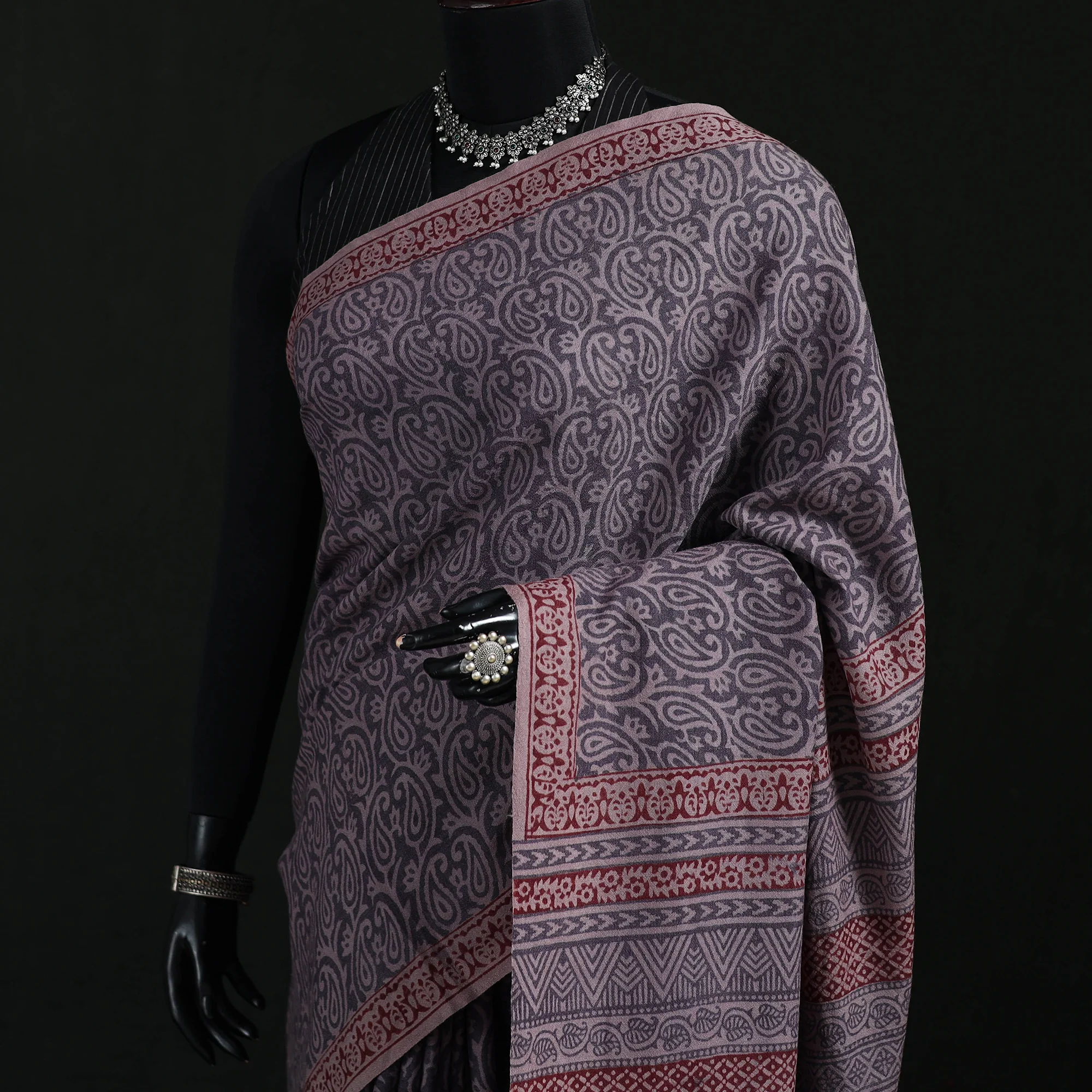 Handwoven Merino Wool Natural Dyed Hand Block Bagh Print Saree 06 - Image 2