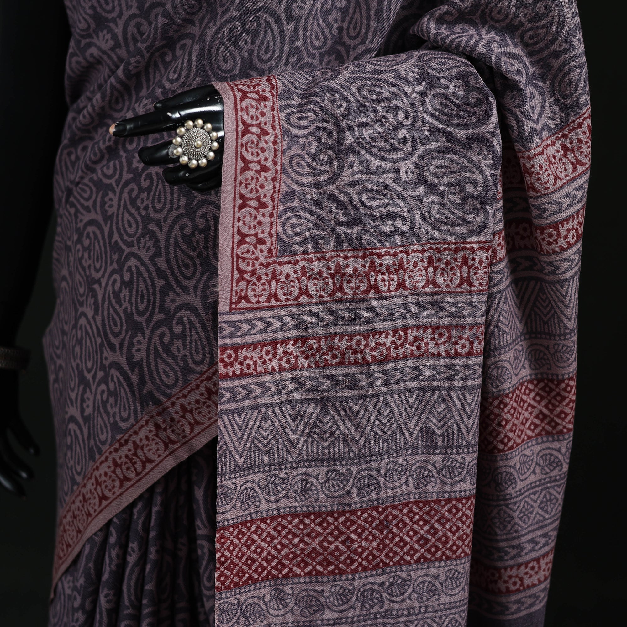 Handwoven Merino Wool Natural Dyed Hand Block Bagh Print Saree 06 - Image 3