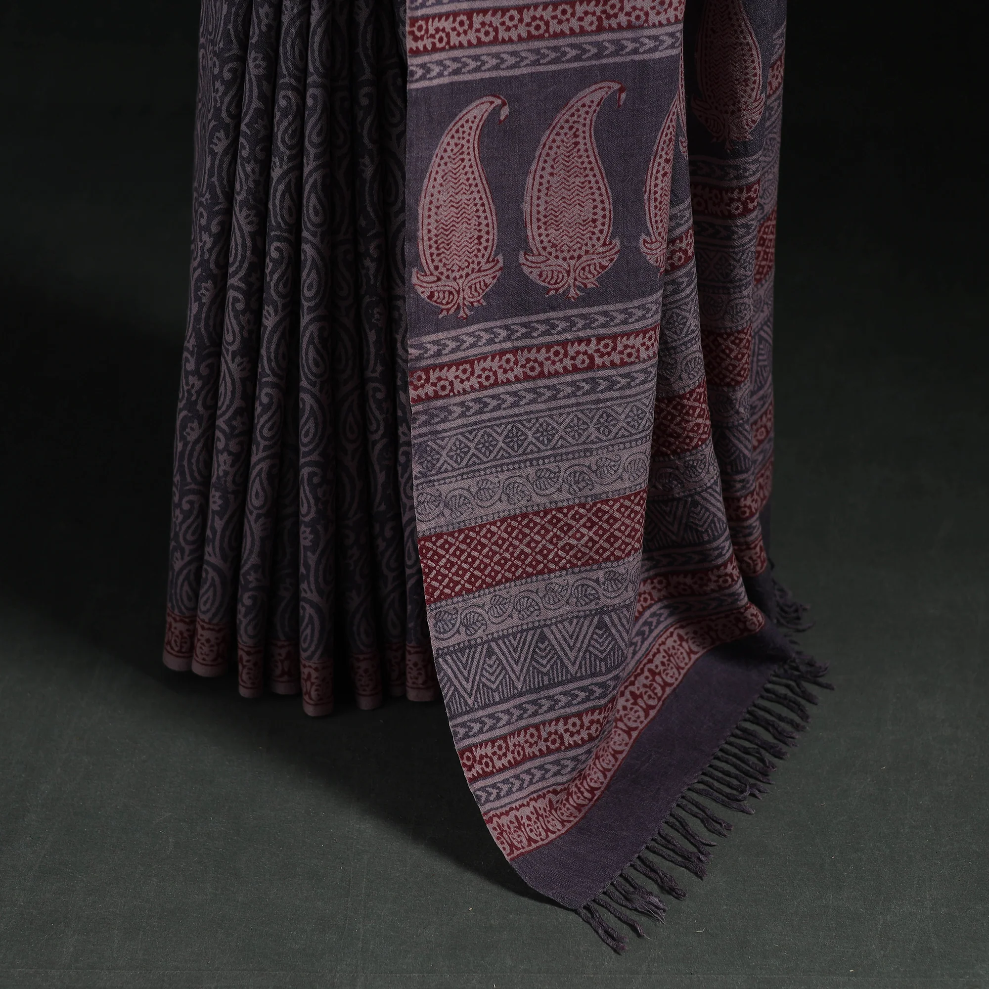 Handwoven Merino Wool Natural Dyed Hand Block Bagh Print Saree 06 - Image 4