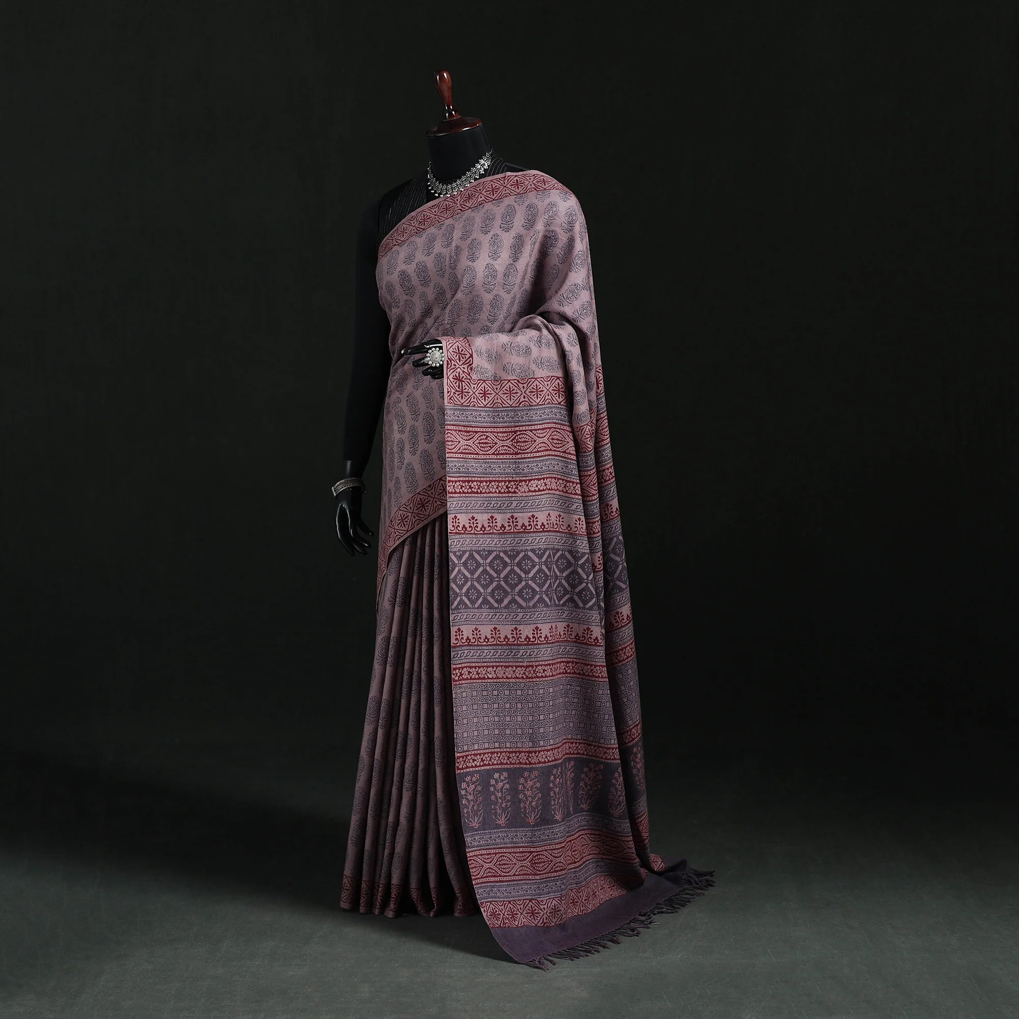 Handwoven Merino Wool Natural Dyed Hand Block Bagh Print Saree 08
