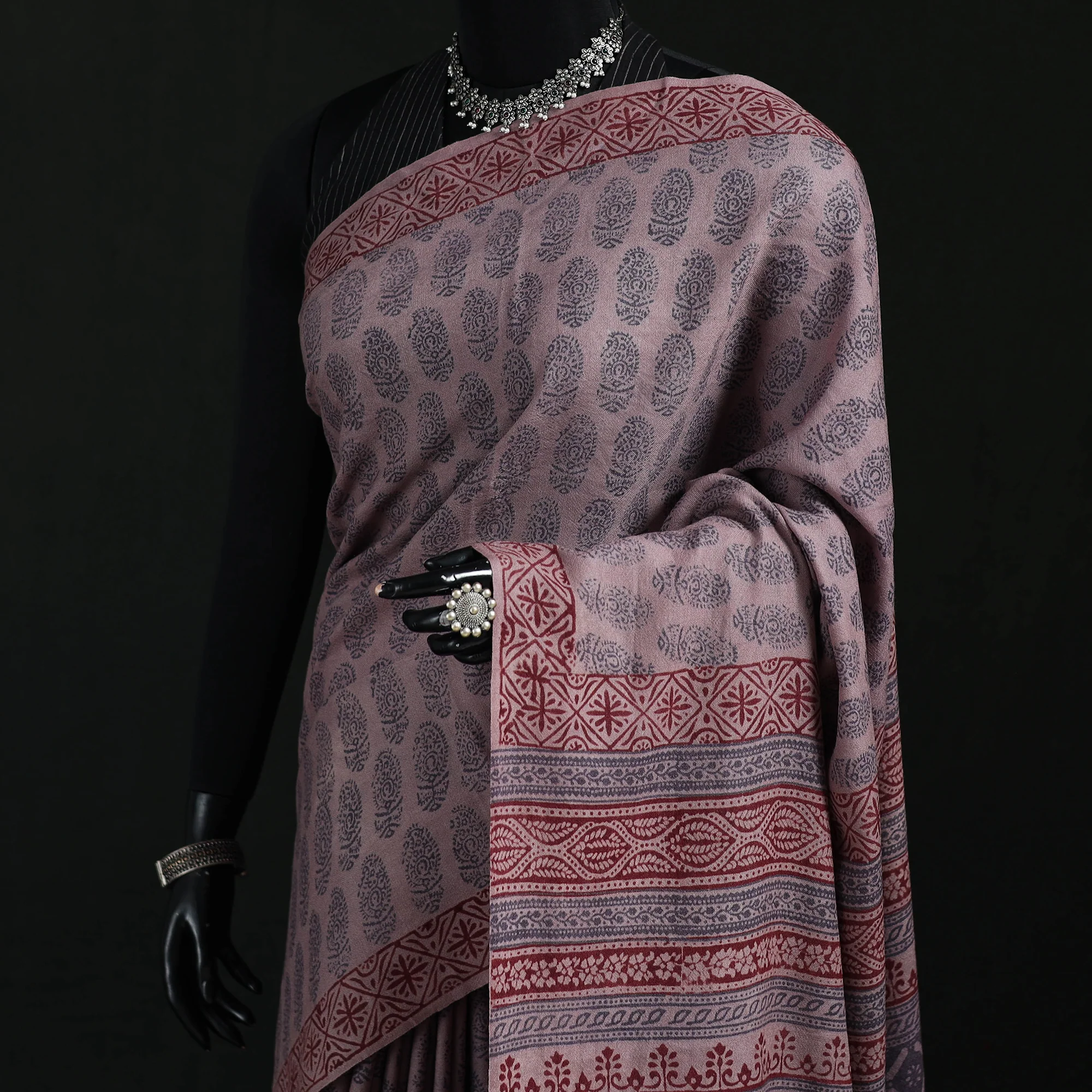 Handwoven Merino Wool Natural Dyed Hand Block Bagh Print Saree 08 - Image 2