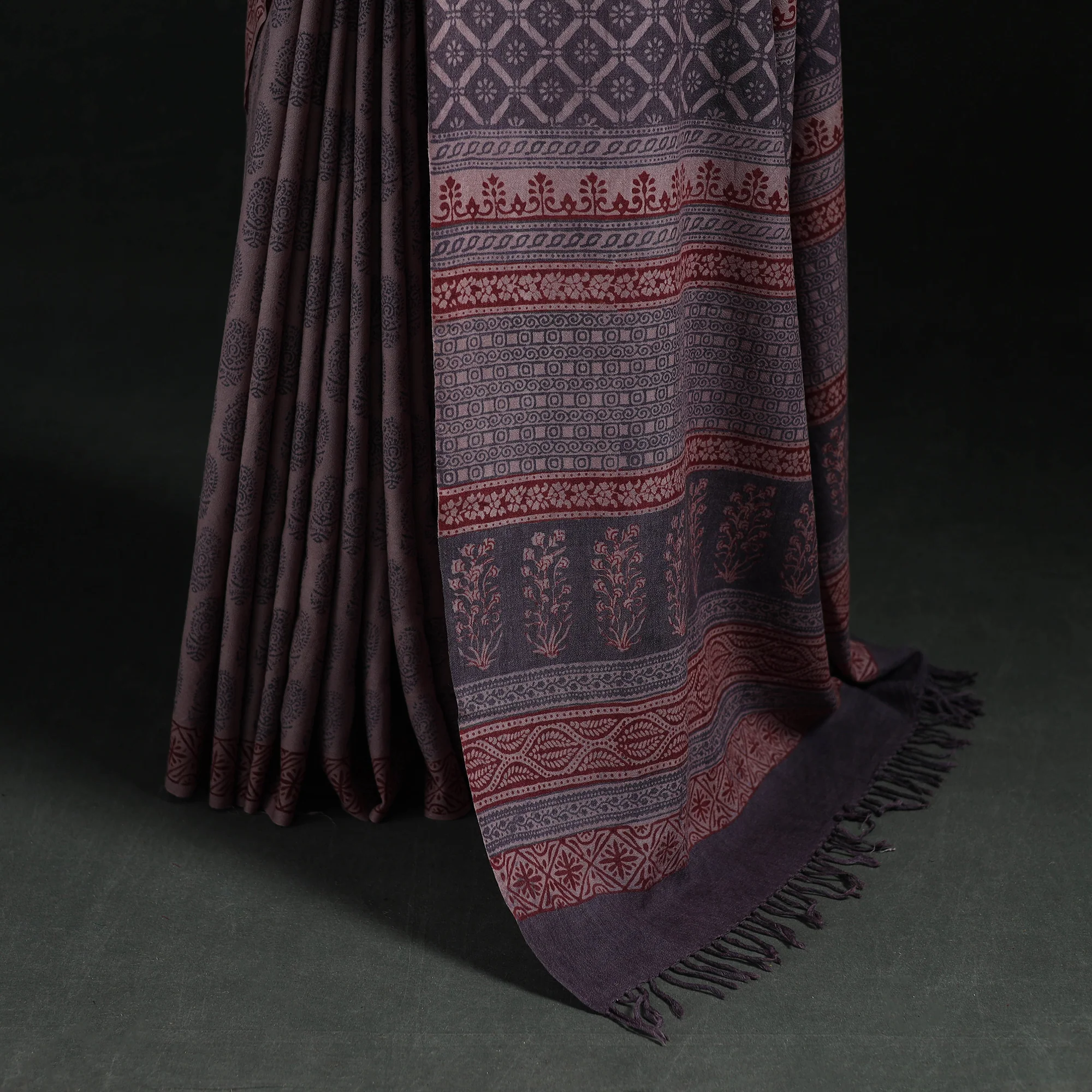 Handwoven Merino Wool Natural Dyed Hand Block Bagh Print Saree 08 - Image 4