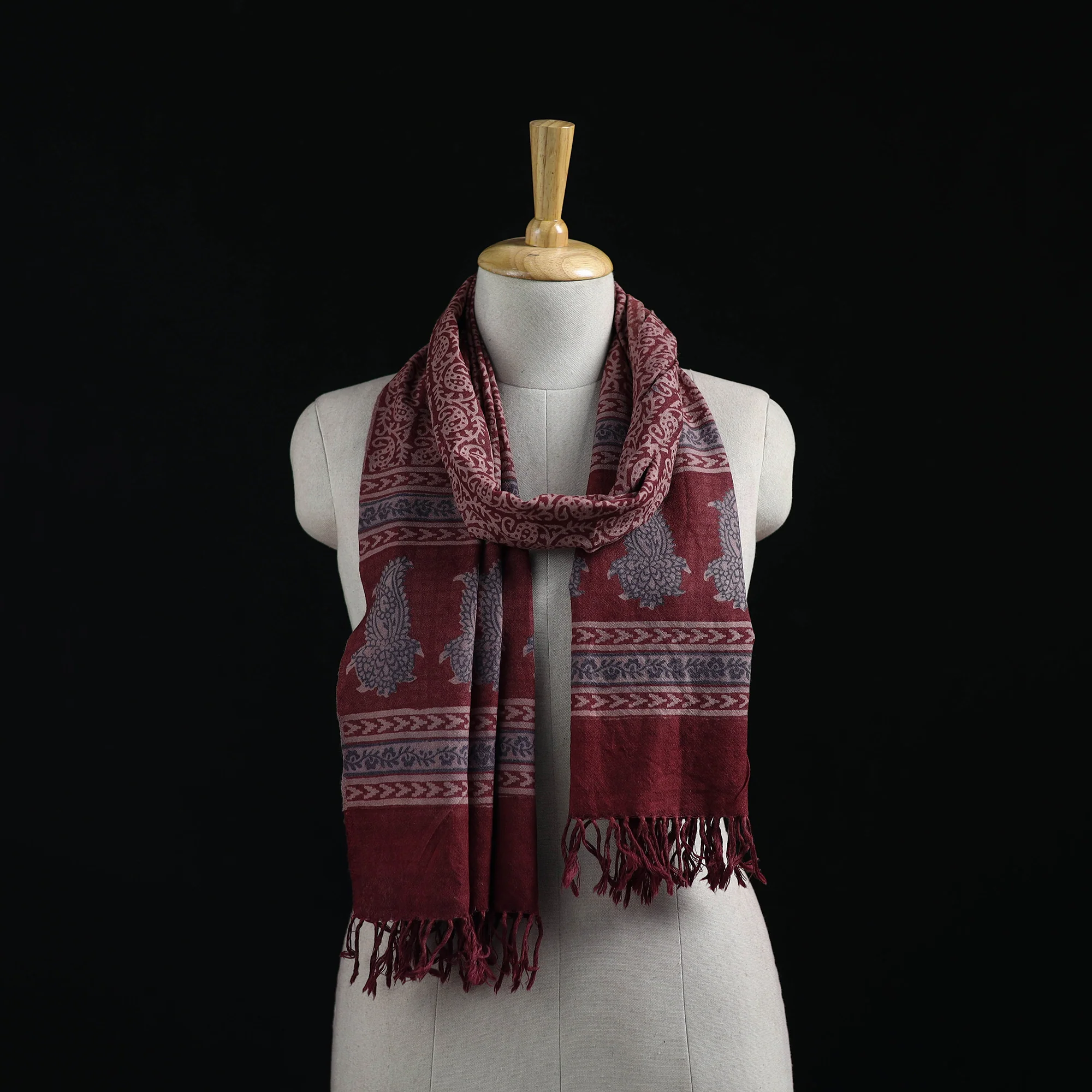 Handwoven Merino Wool Natural Dyed Hand Block Bagh Print Stole 15