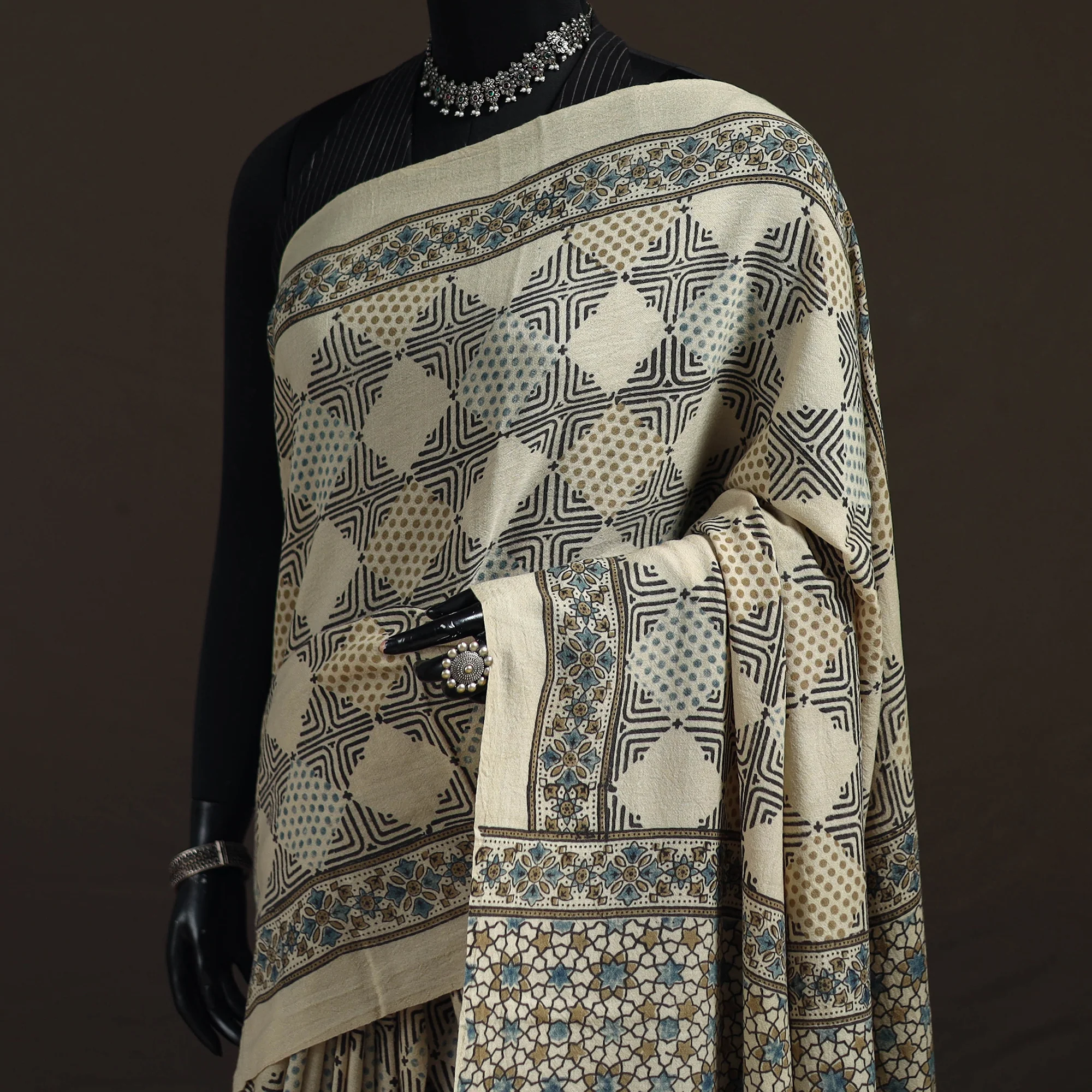 Beige - Handwoven Merino Wool Natural Dyed Hand Block Print Ajrakh Saree 01 - Image 2