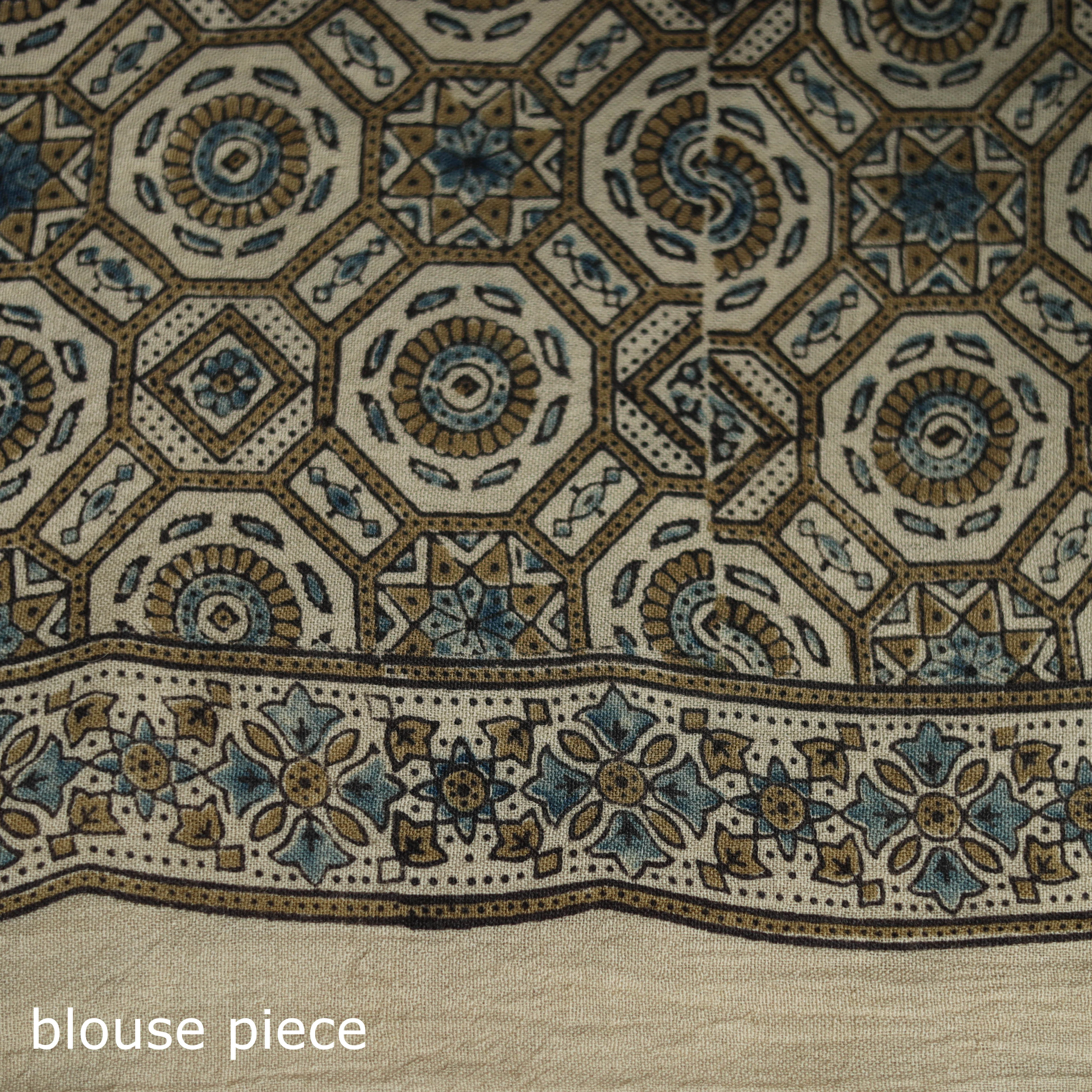 Beige - Handwoven Merino Wool Natural Dyed Hand Block Print Ajrakh Saree 01 - Image 5