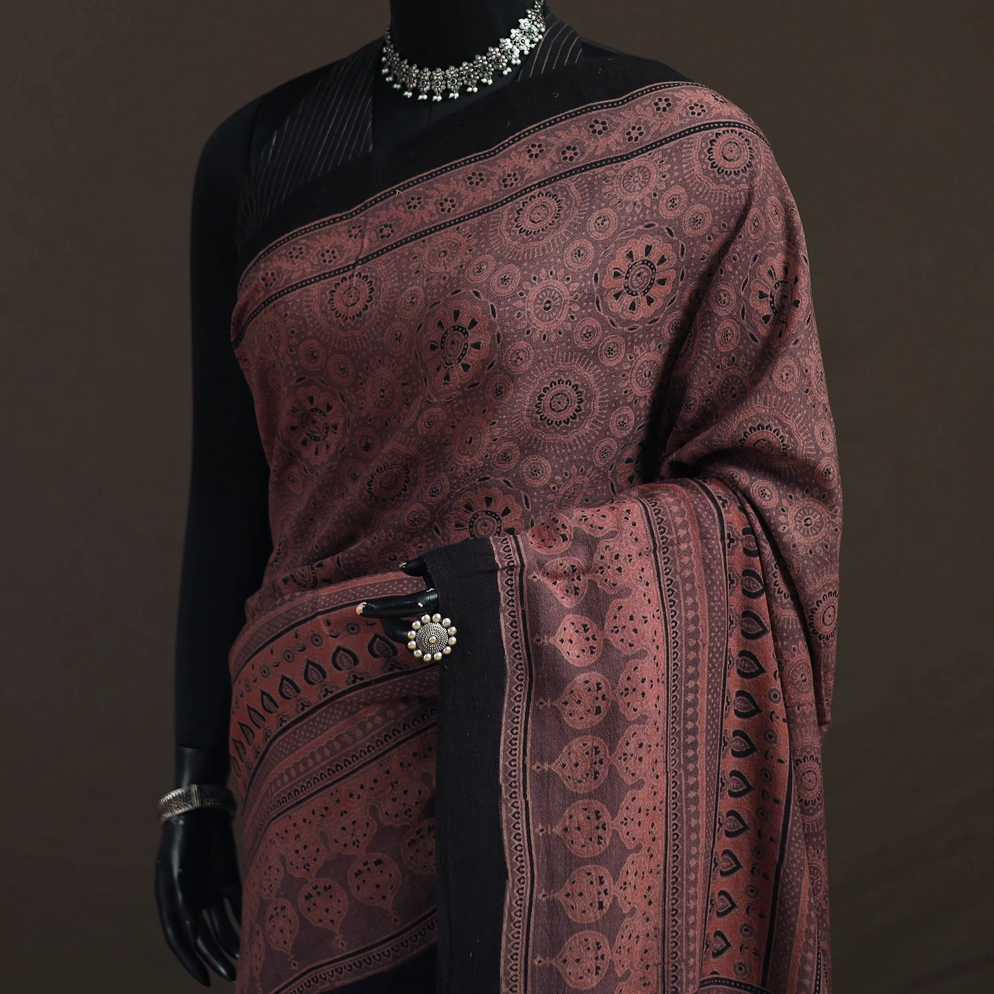 Peach - Handwoven Merino Wool Natural Dyed Hand Block Print Ajrakh Saree 03 - Image 2