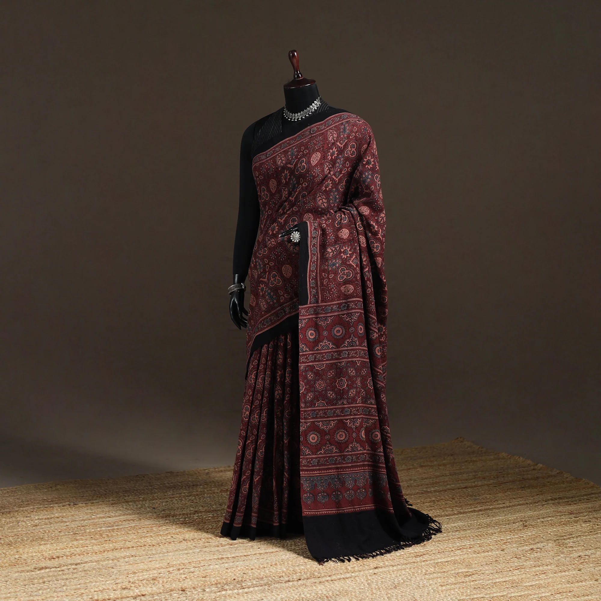 Maroon - Handwoven Merino Wool Natural Dyed Hand Block Print Ajrakh Saree 04