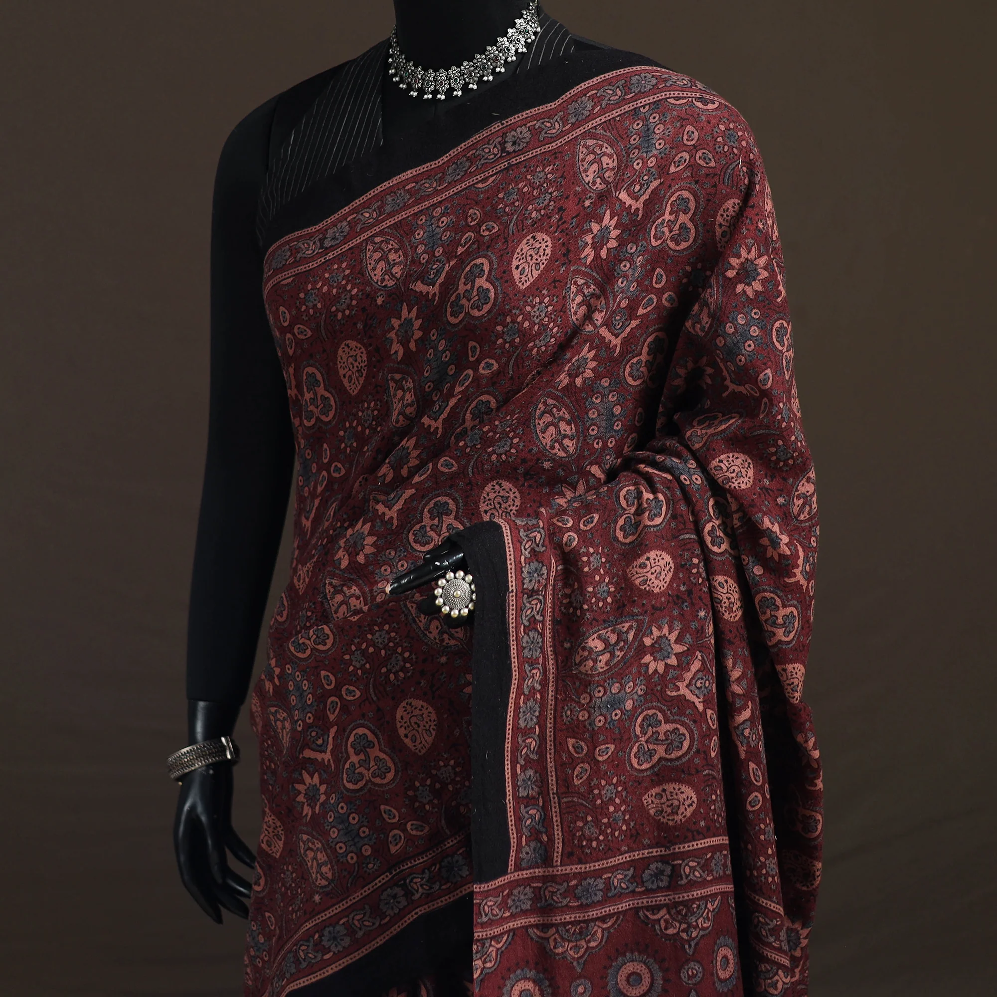 Maroon - Handwoven Merino Wool Natural Dyed Hand Block Print Ajrakh Saree 04 - Image 2