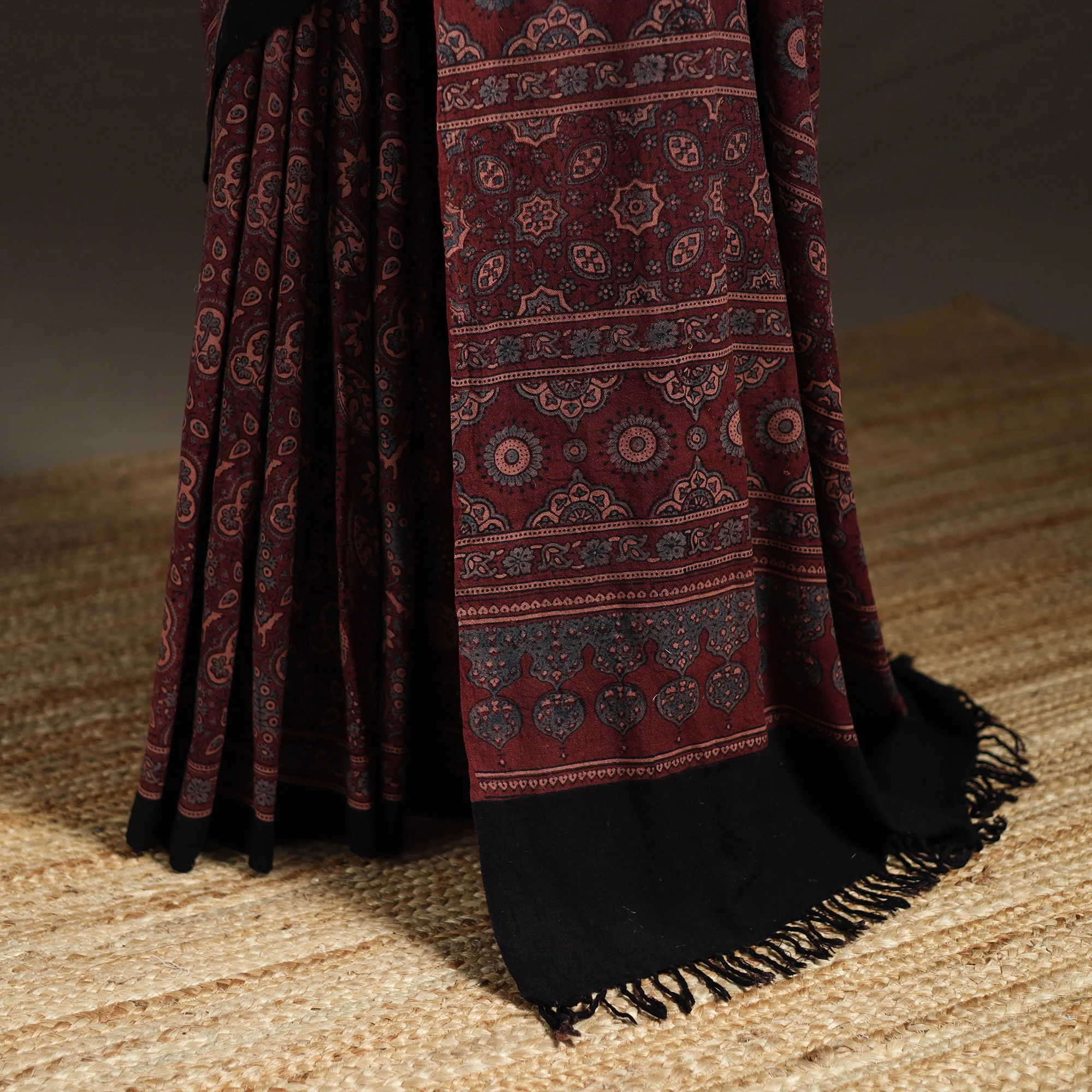 Maroon - Handwoven Merino Wool Natural Dyed Hand Block Print Ajrakh Saree 04 - Image 4