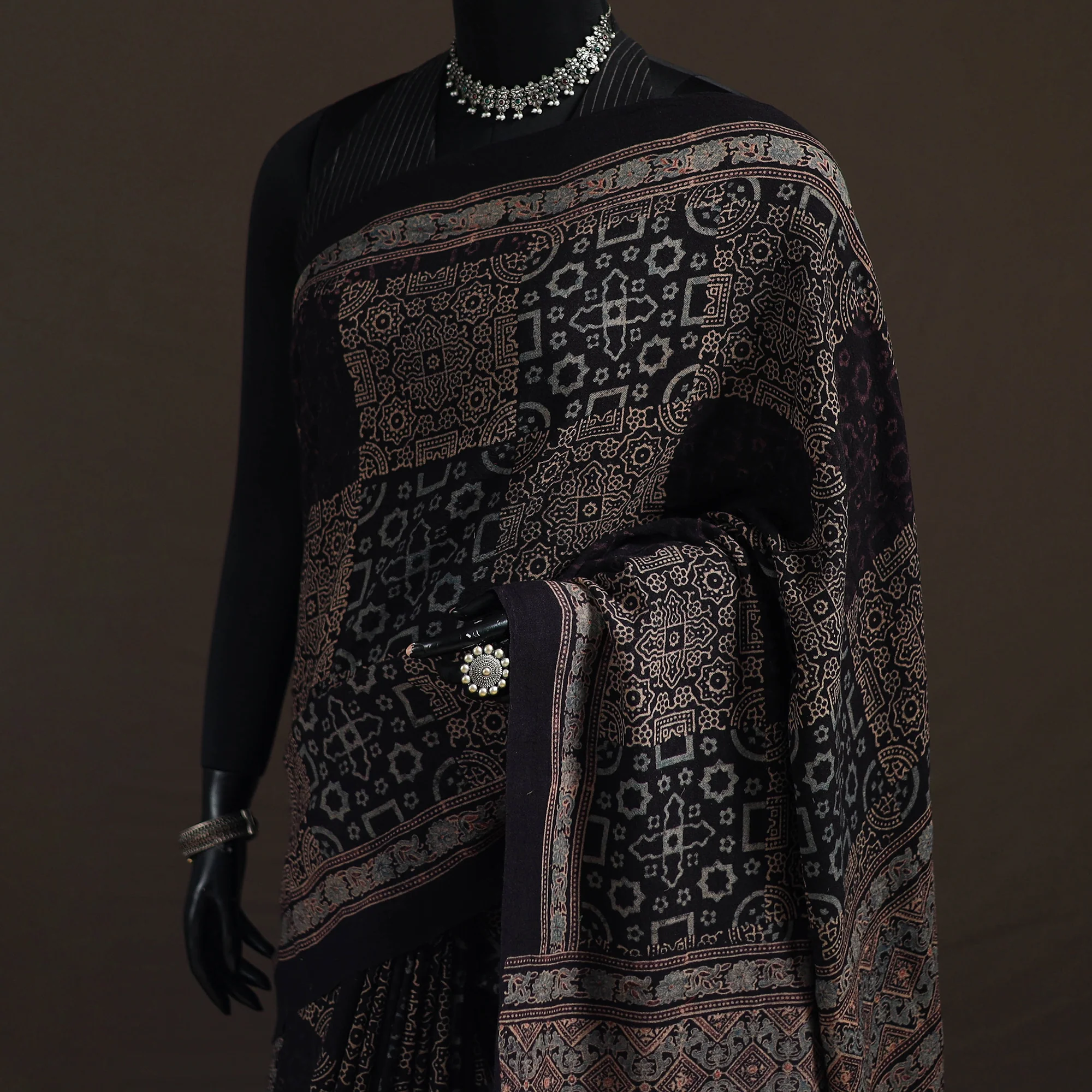 Black - Handwoven Merino Wool Natural Dyed Hand Block Print Ajrakh Saree 06 - Image 2
