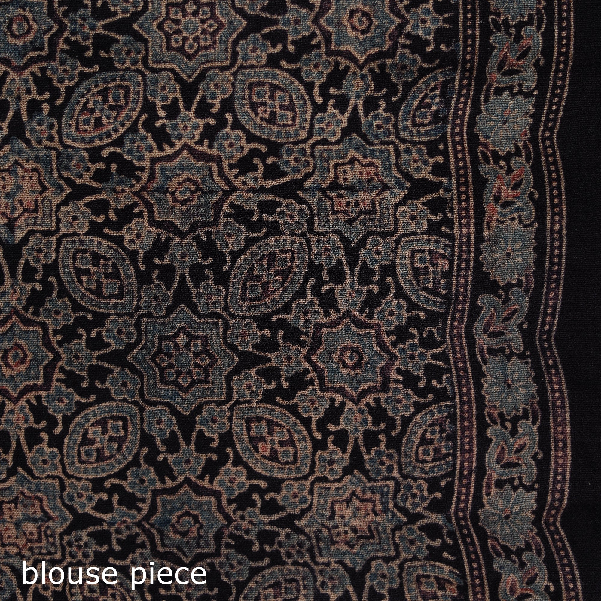 Black - Handwoven Merino Wool Natural Dyed Hand Block Print Ajrakh Saree 06 - Image 5