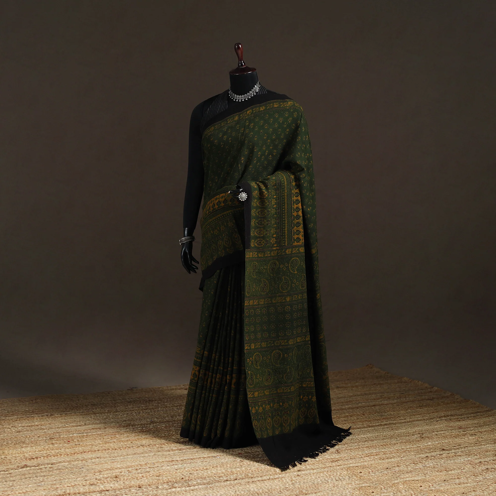Green - Handwoven Merino Wool Natural Dyed Hand Block Print Ajrakh Saree 10