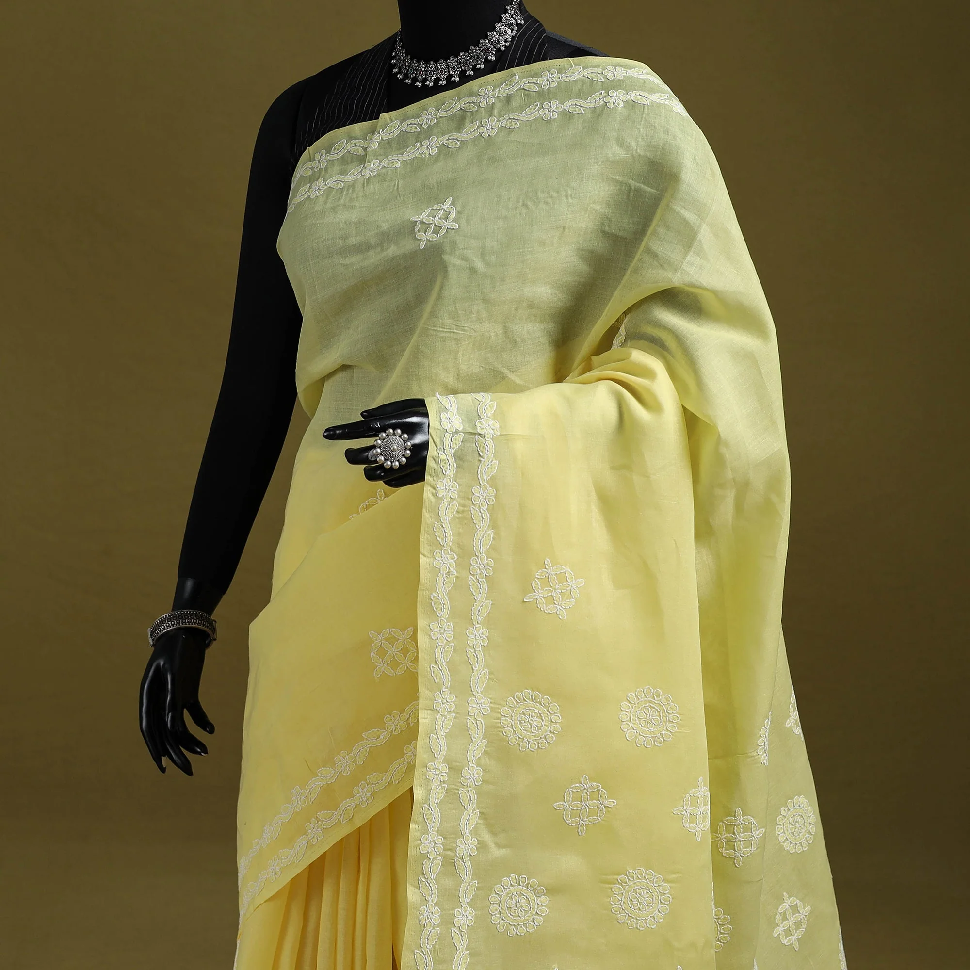 Yellow - Heavy Hand Embroidered Terivoile Cotton Lucknow Chikan Saree 07 - Image 2