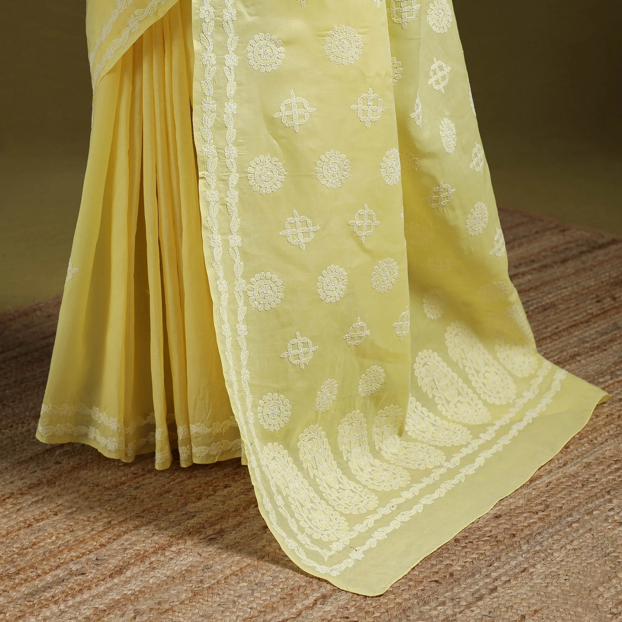 Yellow - Heavy Hand Embroidered Terivoile Cotton Lucknow Chikan Saree 07 - Image 4