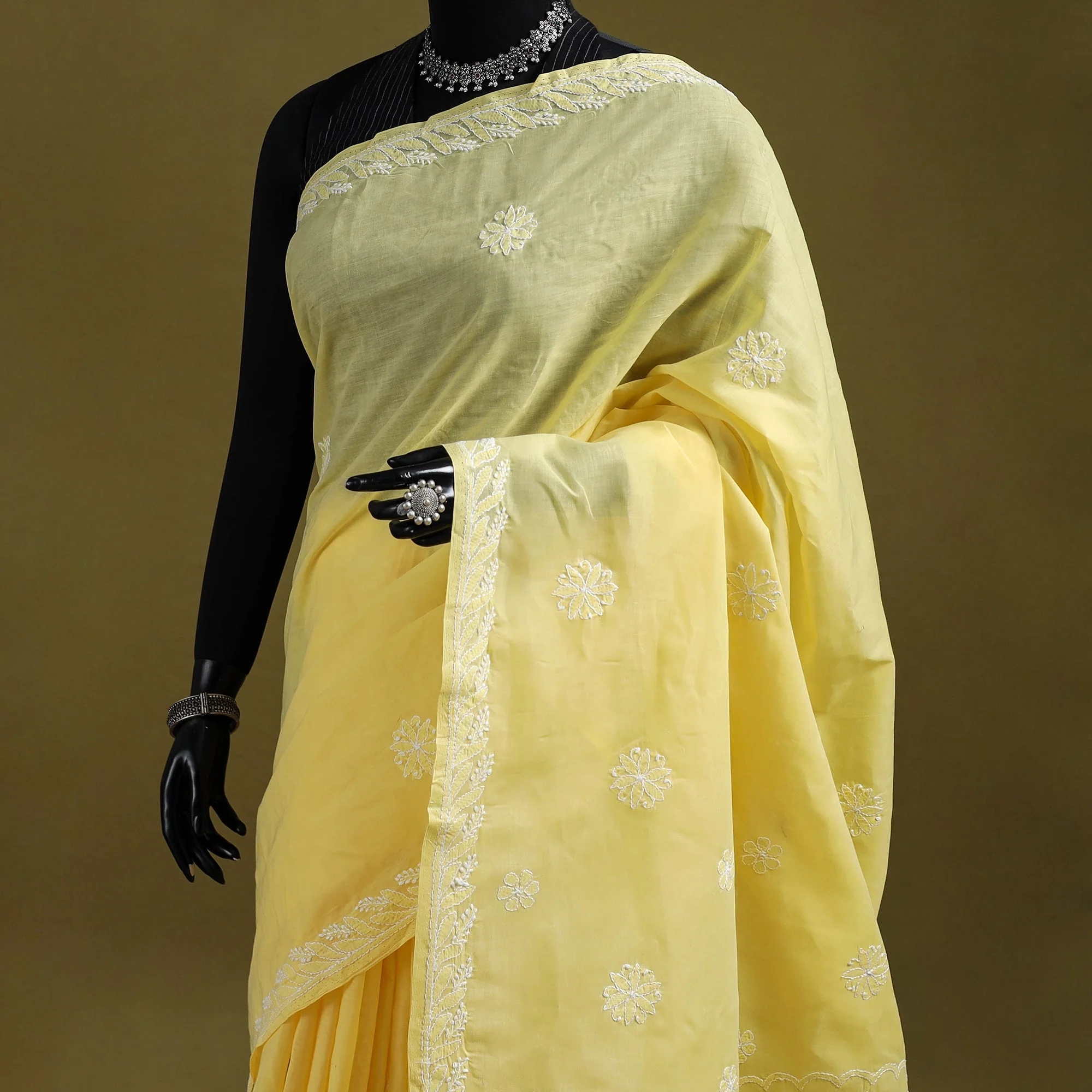 Yellow - Heavy Hand Embroidered Terivoile Cotton Lucknow Chikan Saree 08 - Image 2