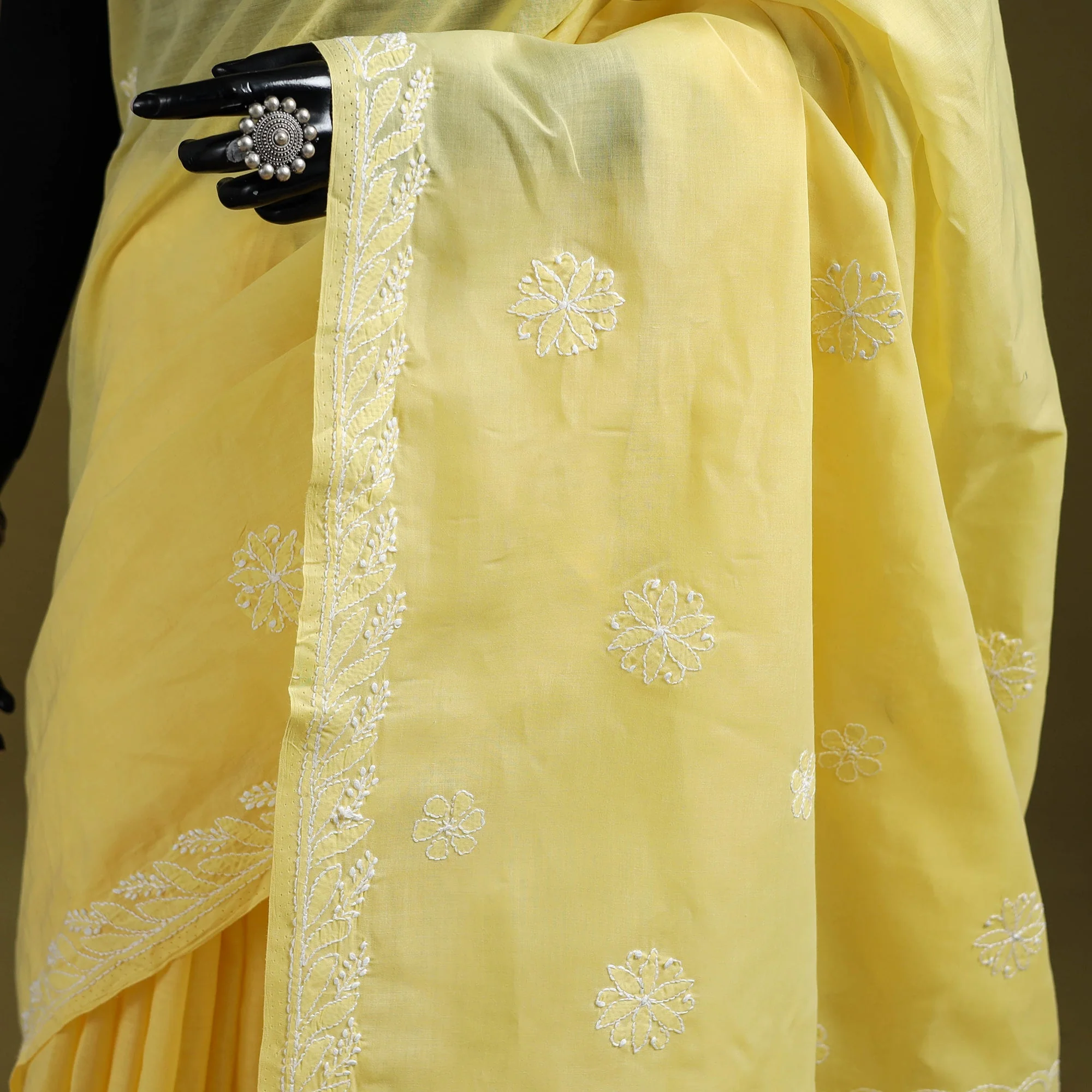 Yellow - Heavy Hand Embroidered Terivoile Cotton Lucknow Chikan Saree 08 - Image 3
