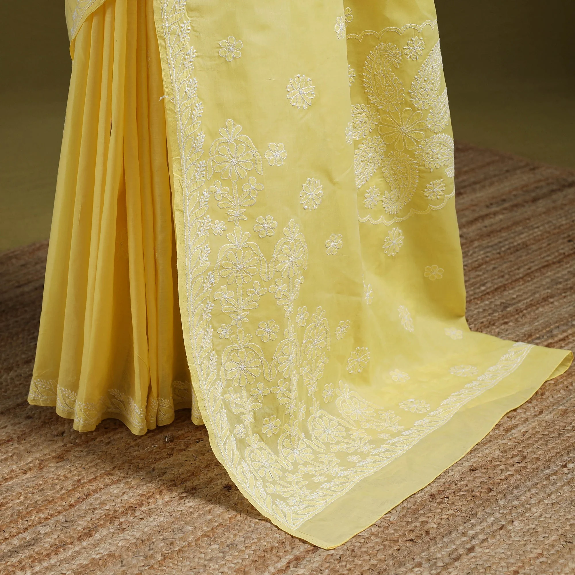 Yellow - Heavy Hand Embroidered Terivoile Cotton Lucknow Chikan Saree 08 - Image 4