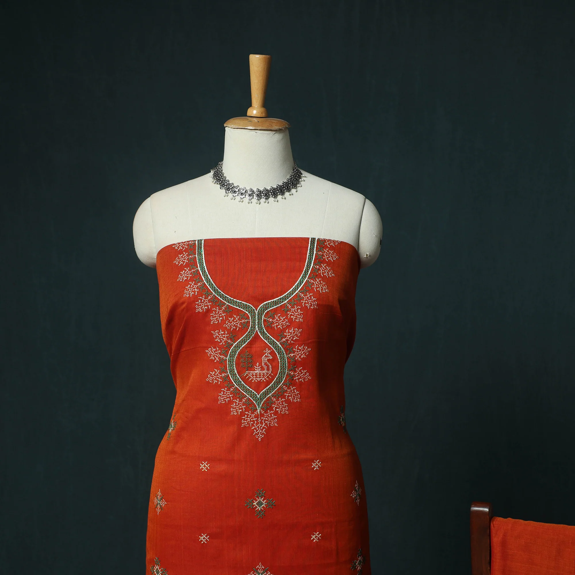 Red - Ilkal Kasuti Embroidery Cotton 3pc Unstitched Dress Material Suit Set 01 - Image 3