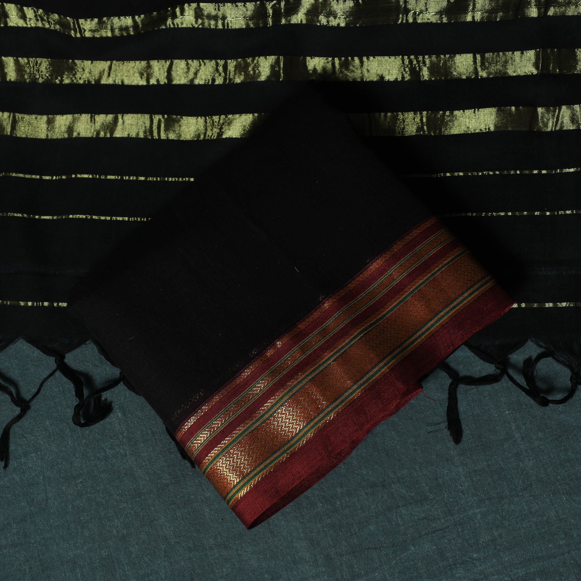 Black - Ilkal Kasuti Embroidery Cotton 3pc Unstitched Dress Material Suit Set 07 - Image 5