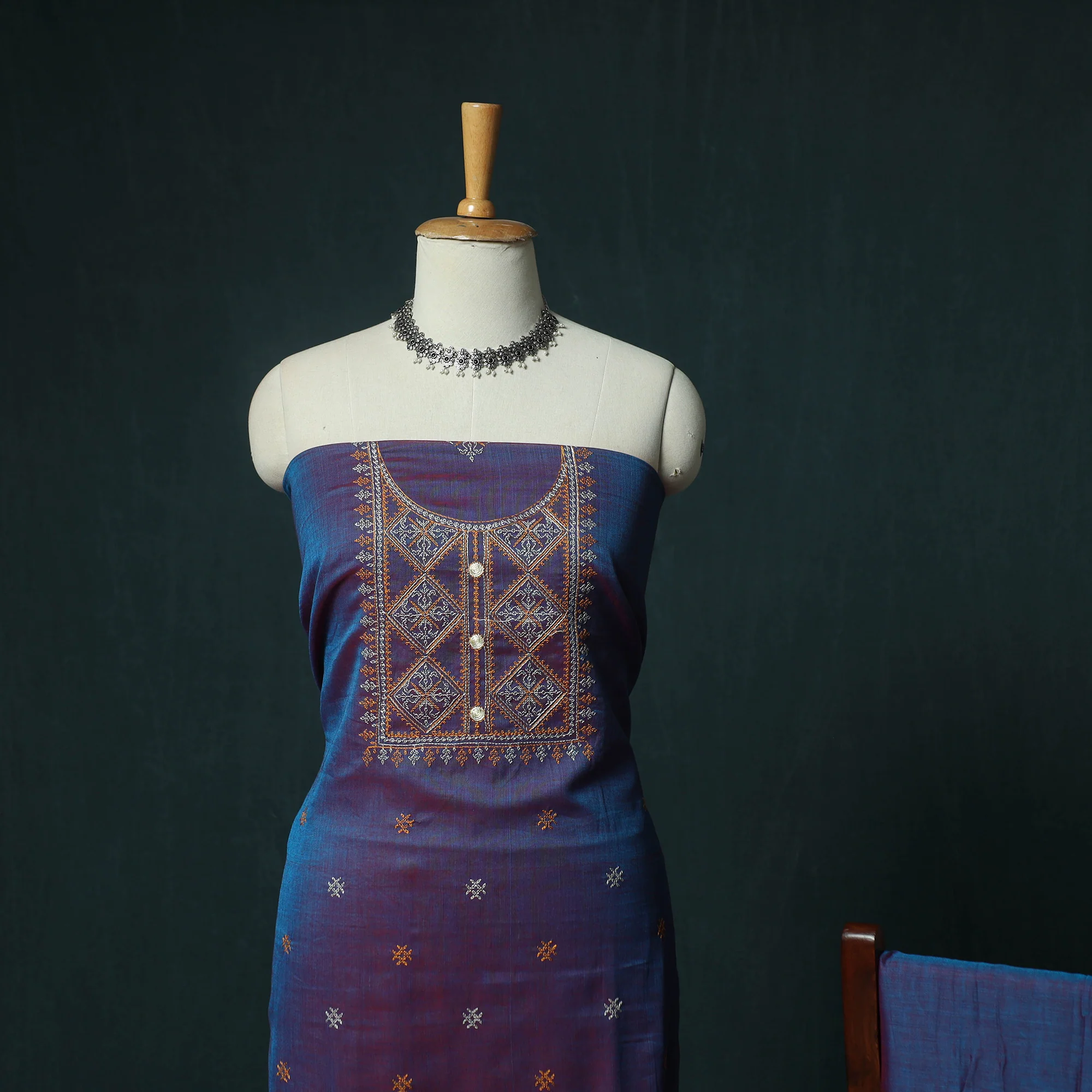 Purple - Ilkal Kasuti Embroidery Cotton 3pc Unstitched Dress Material Suit Set 25 - Image 3