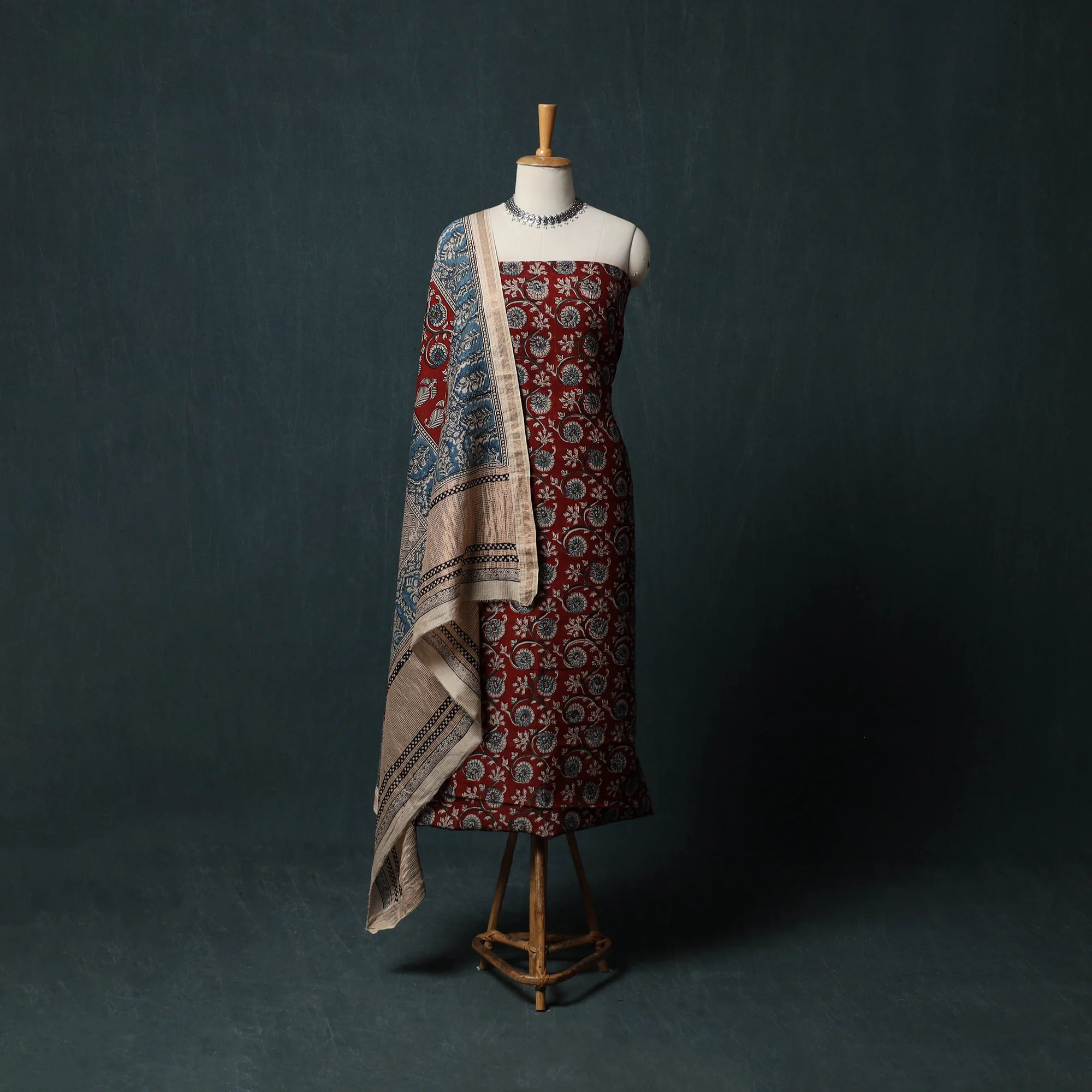 Indigo Bagh Hand Block Print Maheshwari Silk 3pc Unstitched Dress Material Suit Set 46