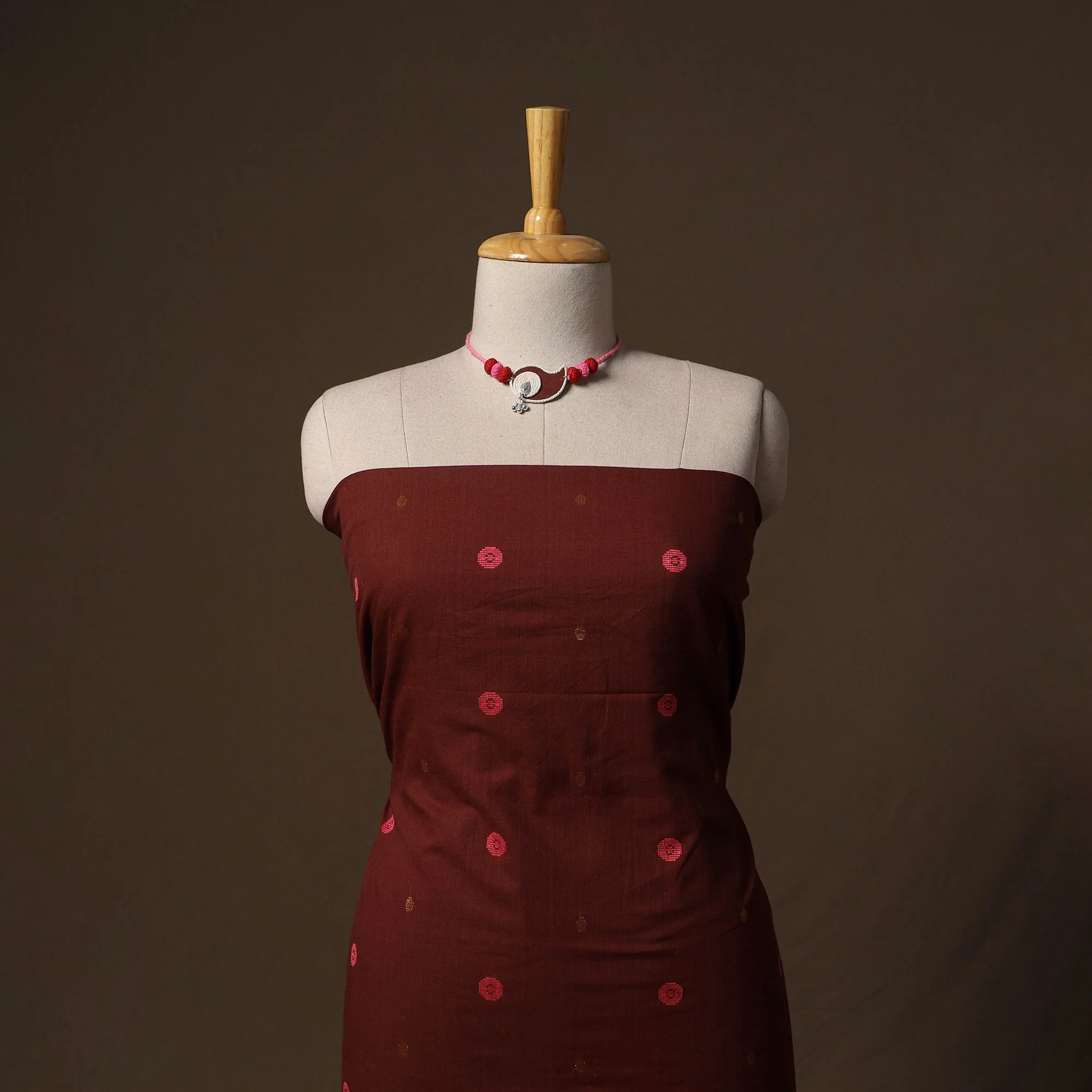 Maroon - Jacquard Cotton 2pc Unstitched Dress Material Kurta Set with Jewellery Set 01 - Image 2