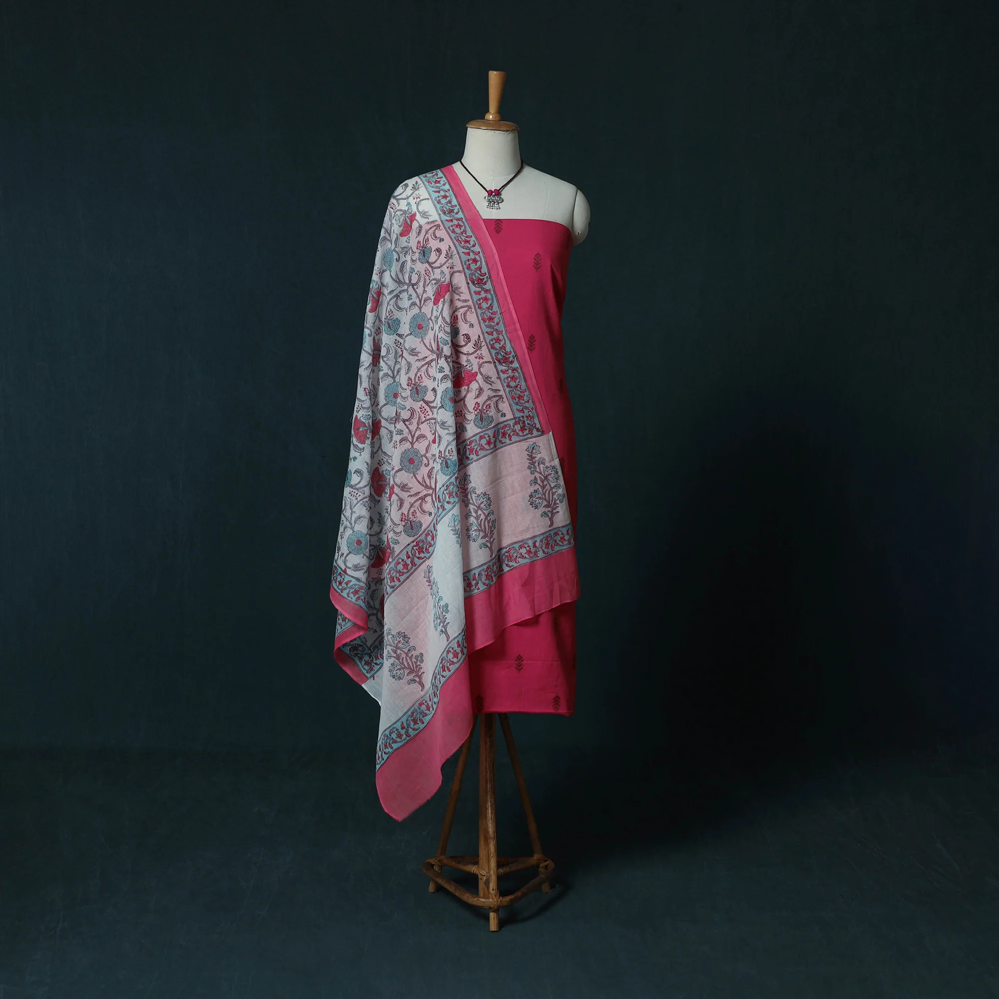 Pink - Jacquard Cotton 2pc Unstitched Dress Material Kurta Set with Jewellery Set 02