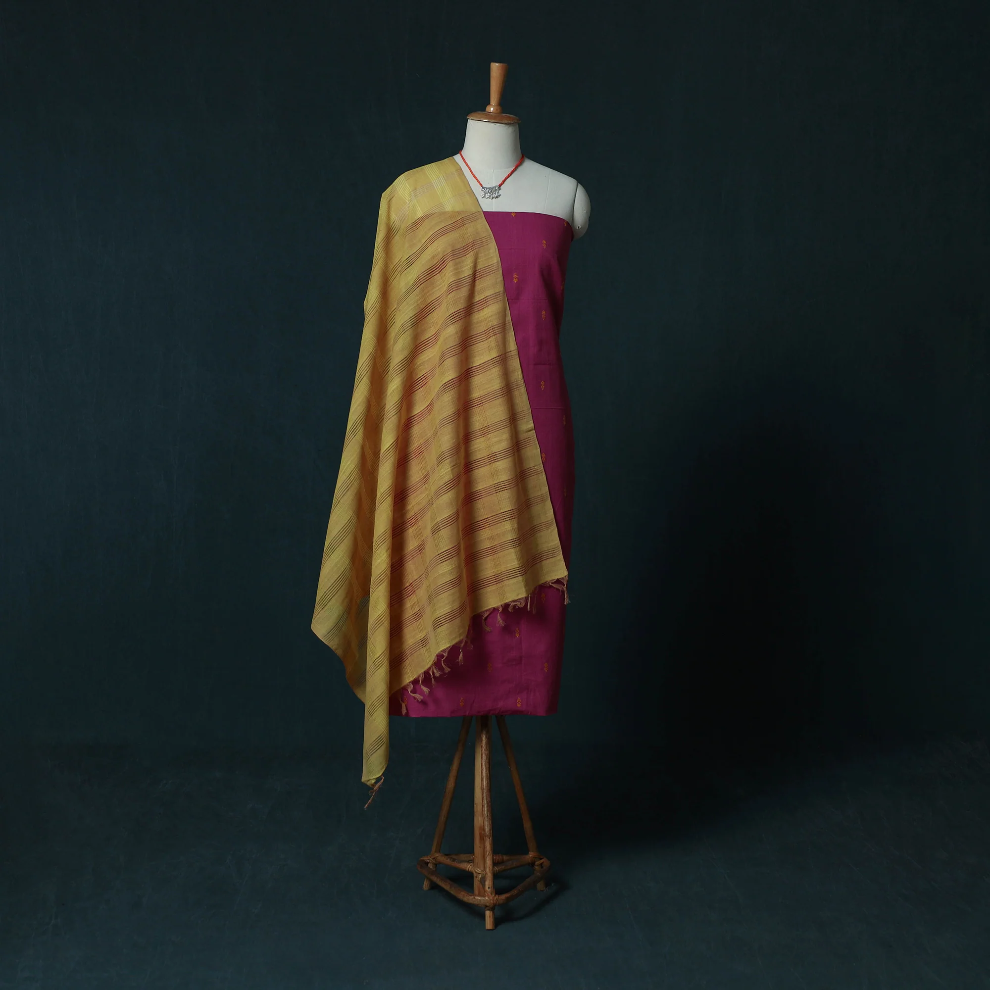 Pink - Jacquard Cotton 2pc Unstitched Dress Material Kurta Set with Jewellery Set 04